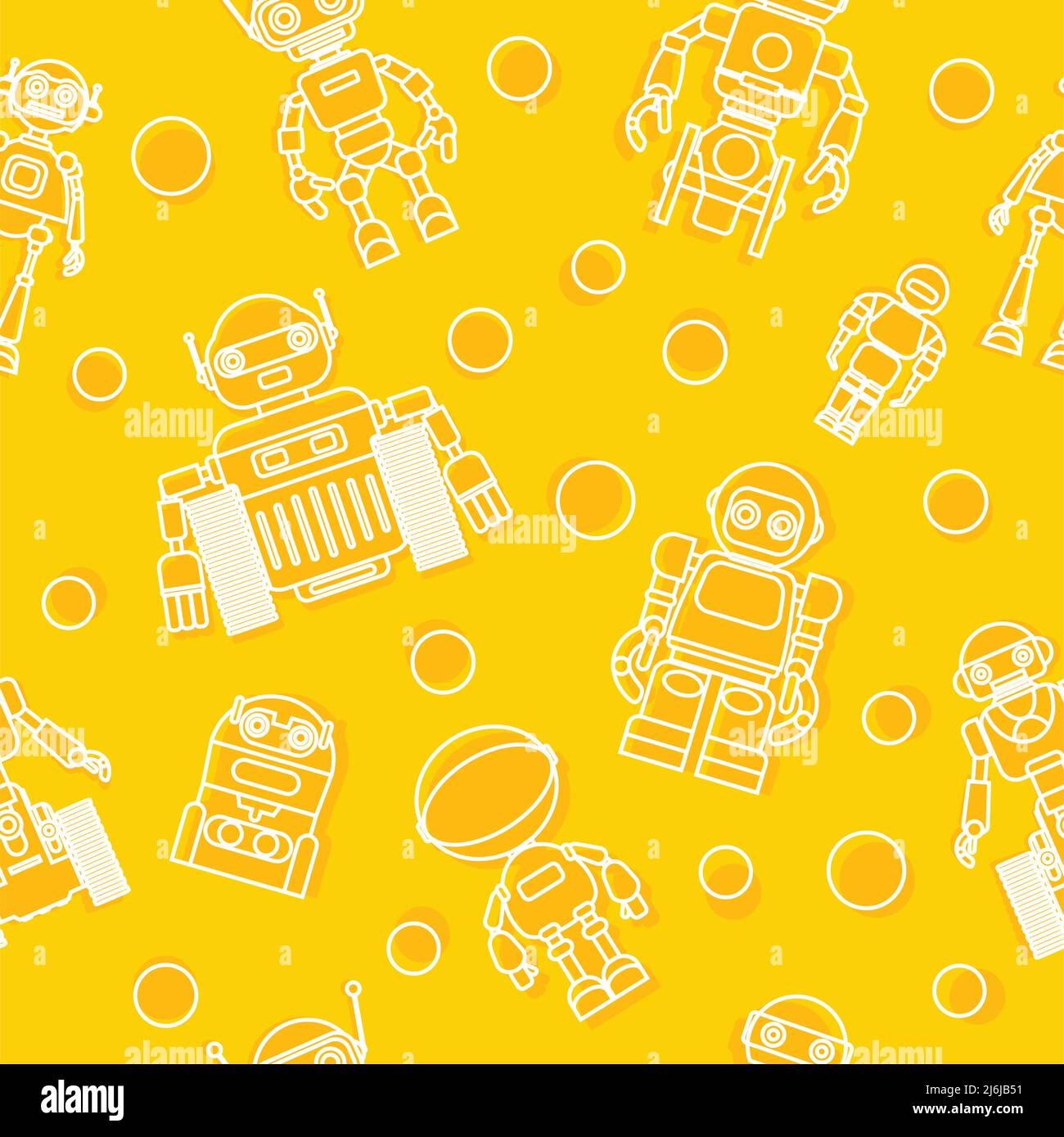 Pattern with various kinds of detailed robots isolated on yellow background. Stock Vector