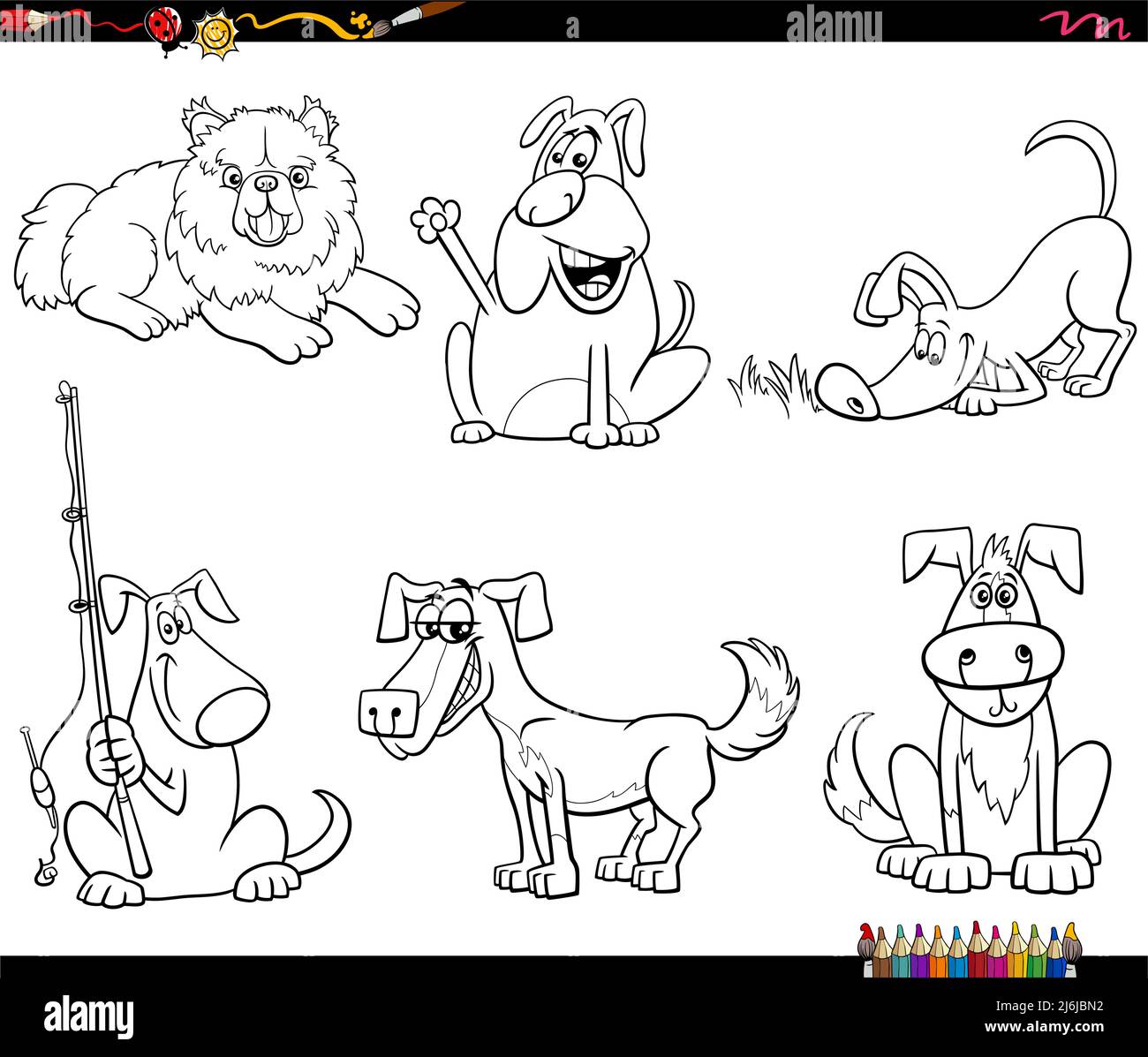 Black and white cartoon illustration of funny dogs animal characters ...