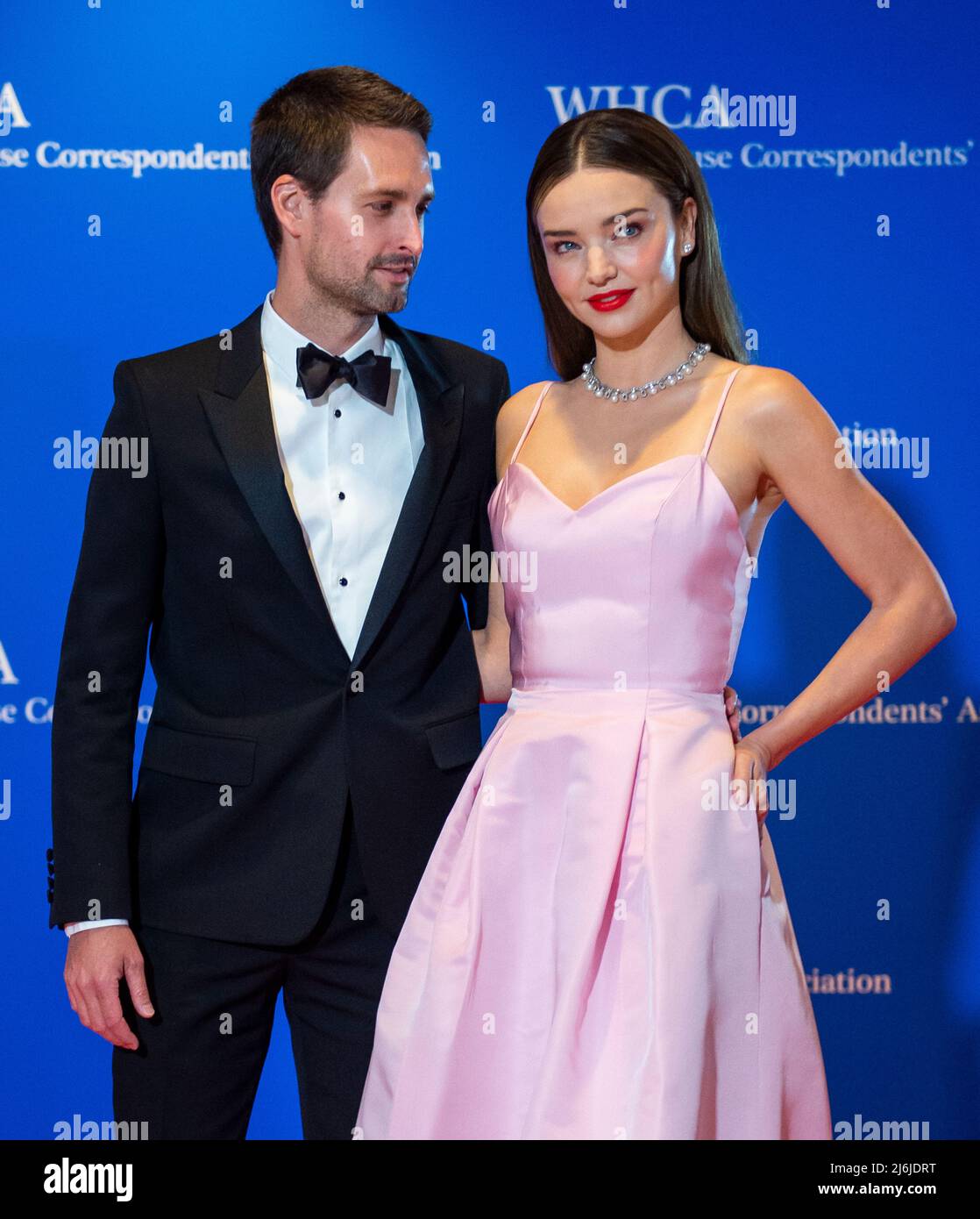 Evan Spiegel, left, and Miranda Kerr arrives for the 2022 White House  Correspondents Association Annual Dinner at the Washington Hilton Hotel on  Saturday, April 30, 2022. This is the first time since
