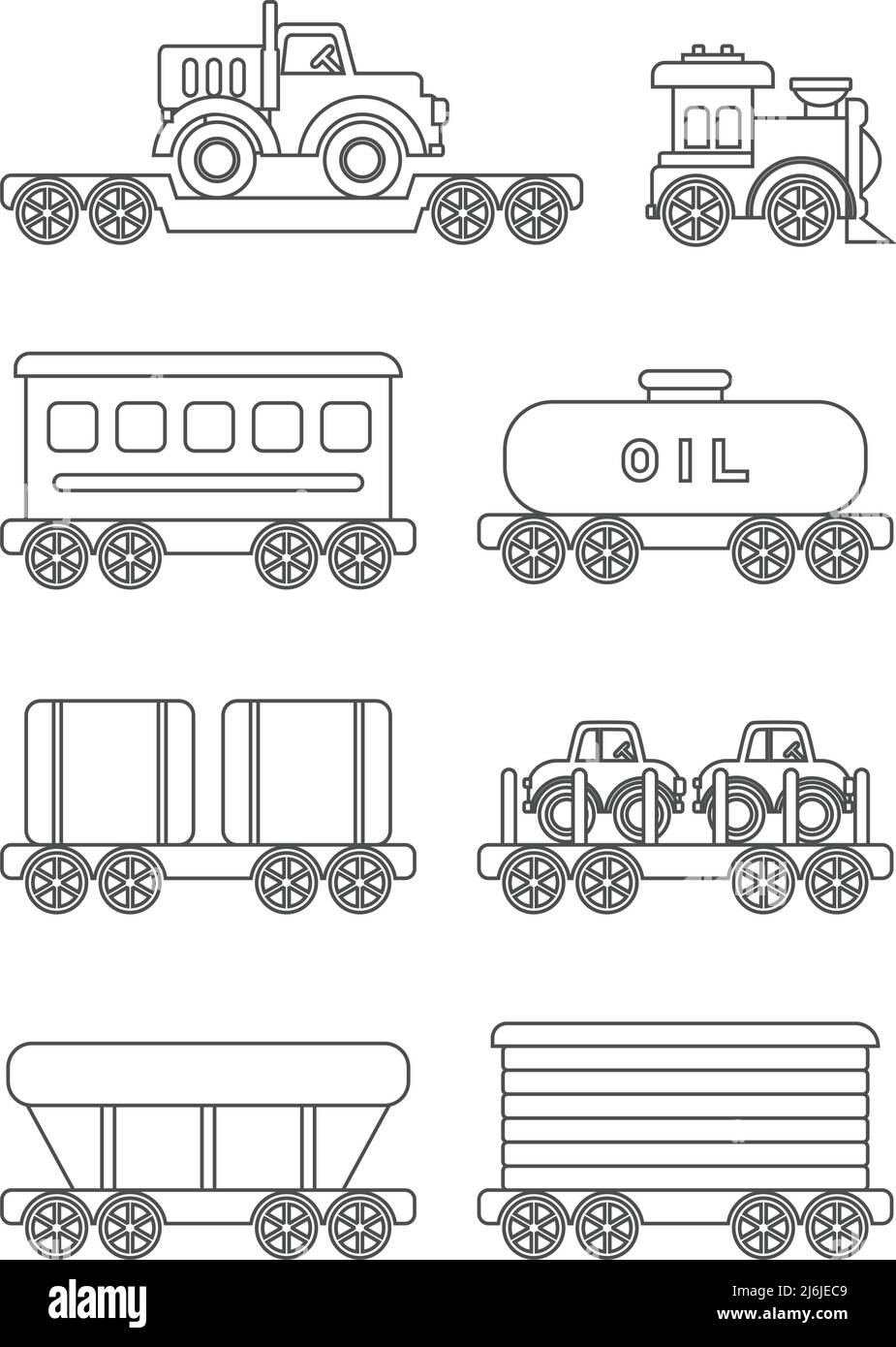 Set of differences silhouettes children toys railway transportation isolated flat linear vector icons on white background. Coloring pages. Stock Vector