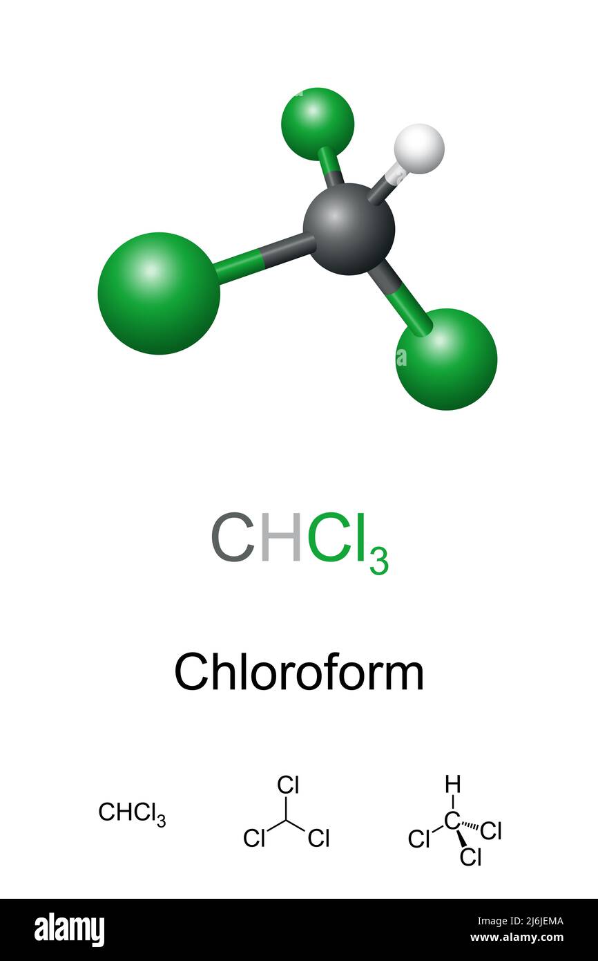 Chloroform, trichloromethane, ball-and-stick model, molecular and chemical formula. CHCl3, powerful anesthetic, euphoriant, anxiolytic, sedative. Stock Photo