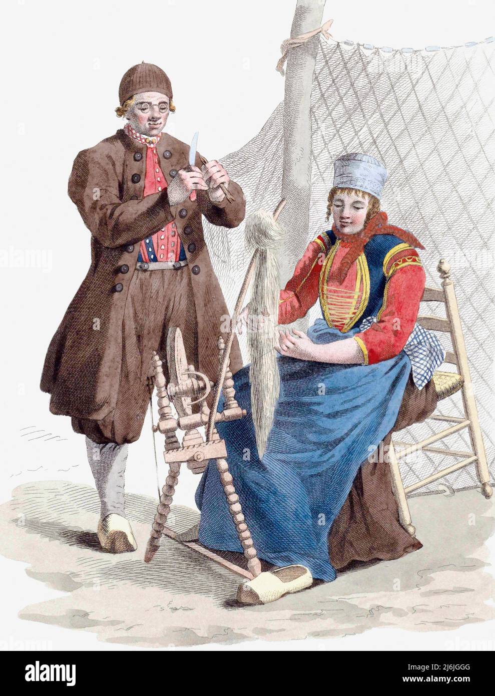 A 19th century Dutch fisherman and his wife mending nets.  The wife spins the yarn on a spinning wheel and the fisherman uses it to mend the nets. After a work by Ludwig Gottlieb Portman from a drawing by Jacques Kuyper. Stock Photo