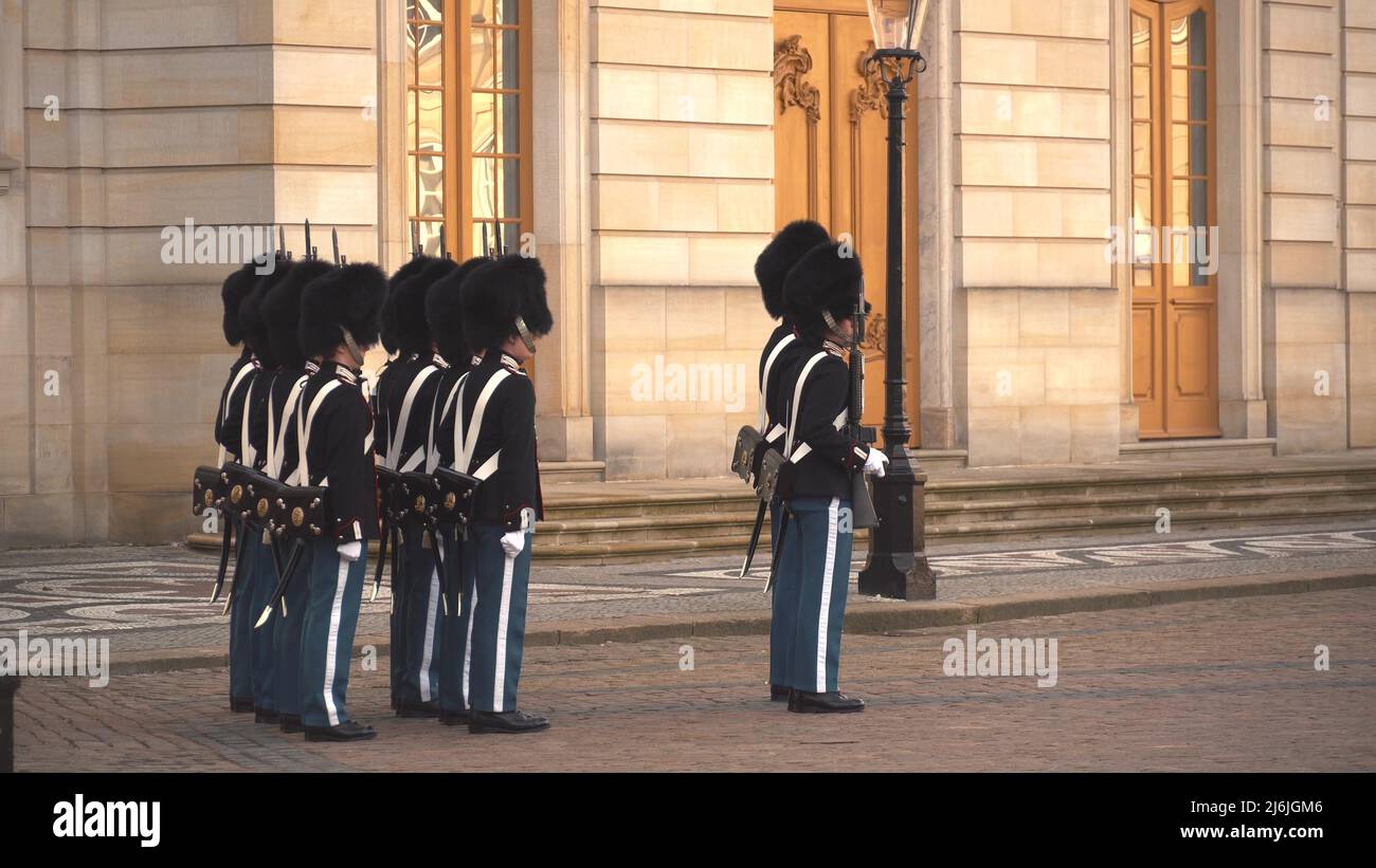 February 20, 2019. Denmark. Copenhagen. Amalienborg Square. Changing the royal guard. Army ranks uniform people defense castle king Stock Photo