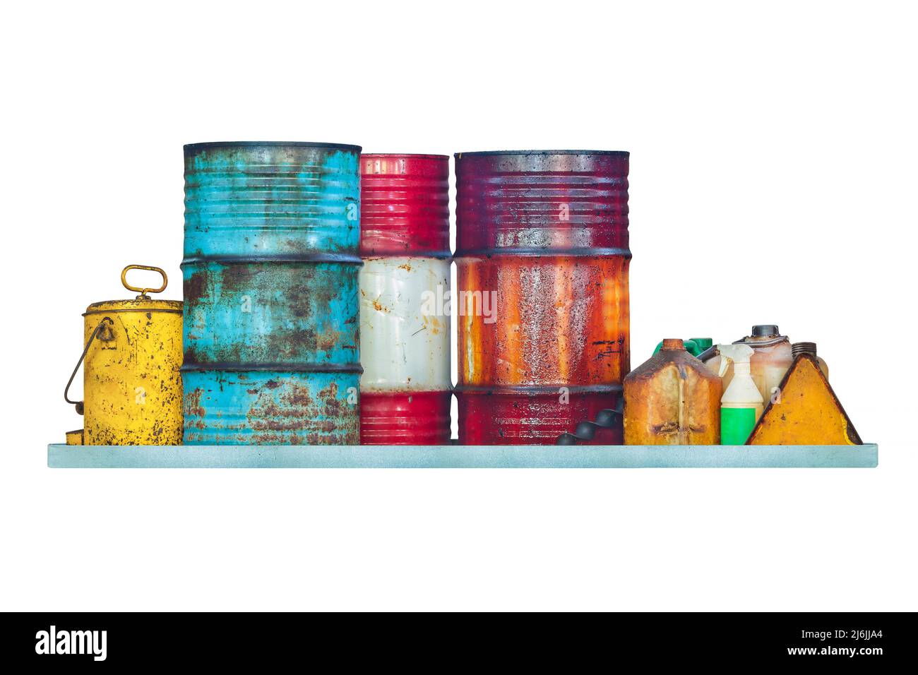 Assortment of chemical waste barrels and containers isolated on a white background Stock Photo