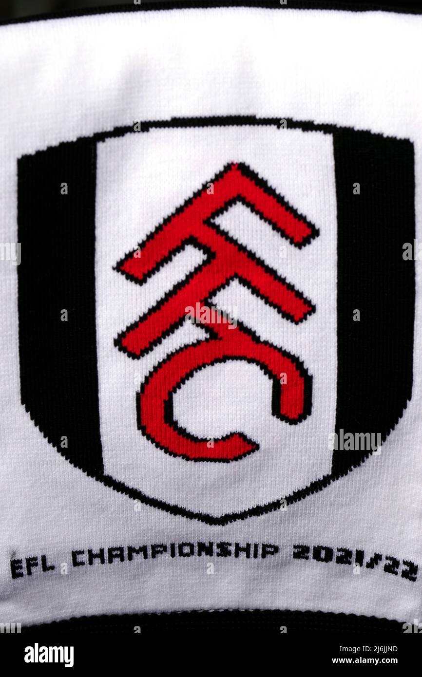 Close up of a Fulham scarf with 'EFL Championship 2021/22' embroiled on it  before the Sky Bet Championship match at Craven Cottage, London. Picture  date: Monday May 2, 2022 Stock Photo - Alamy