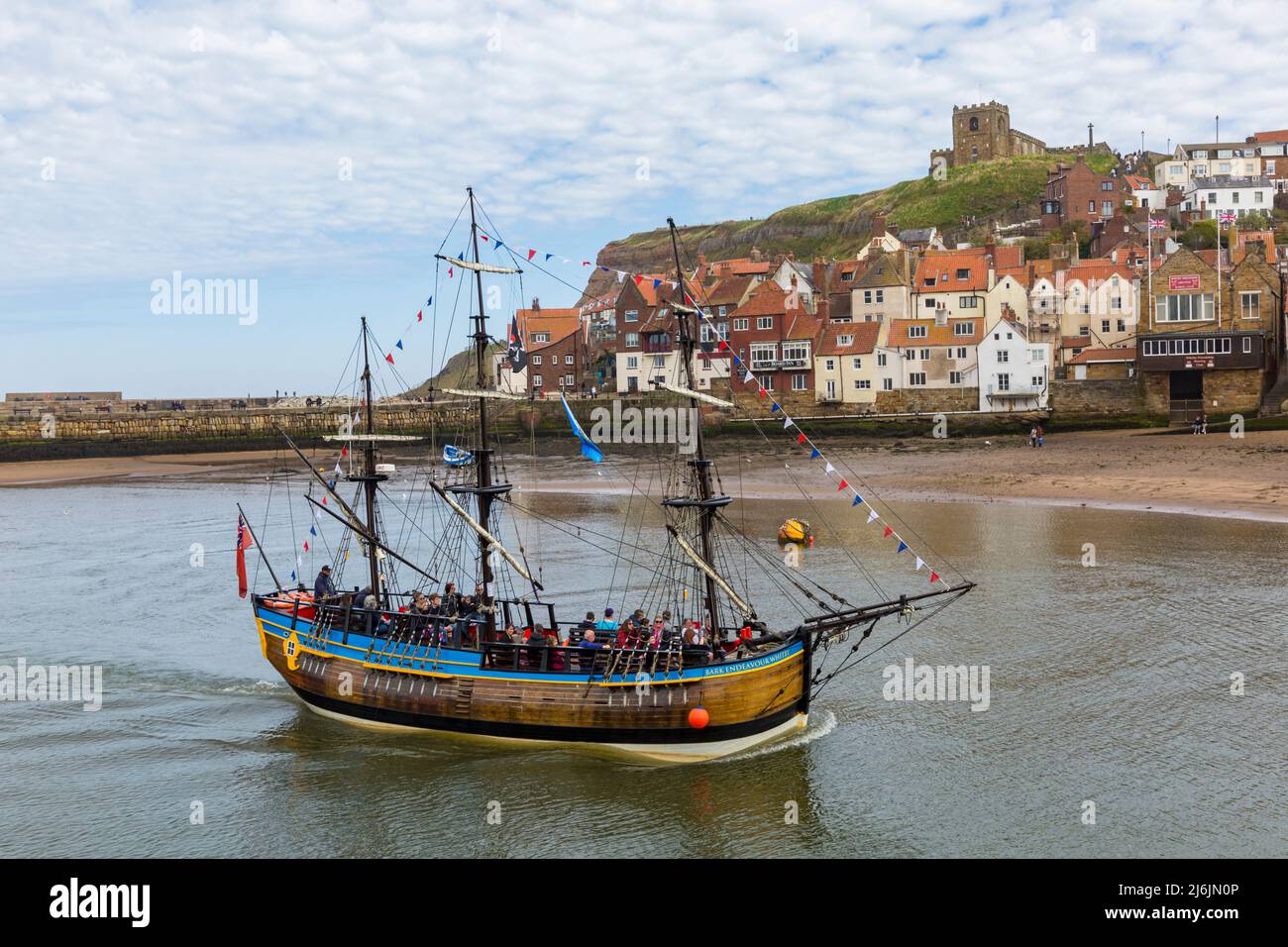 Bark Endeavour Whitby ship sailing in harbour at Whitby, Yorkshire, UK in April Stock Photo