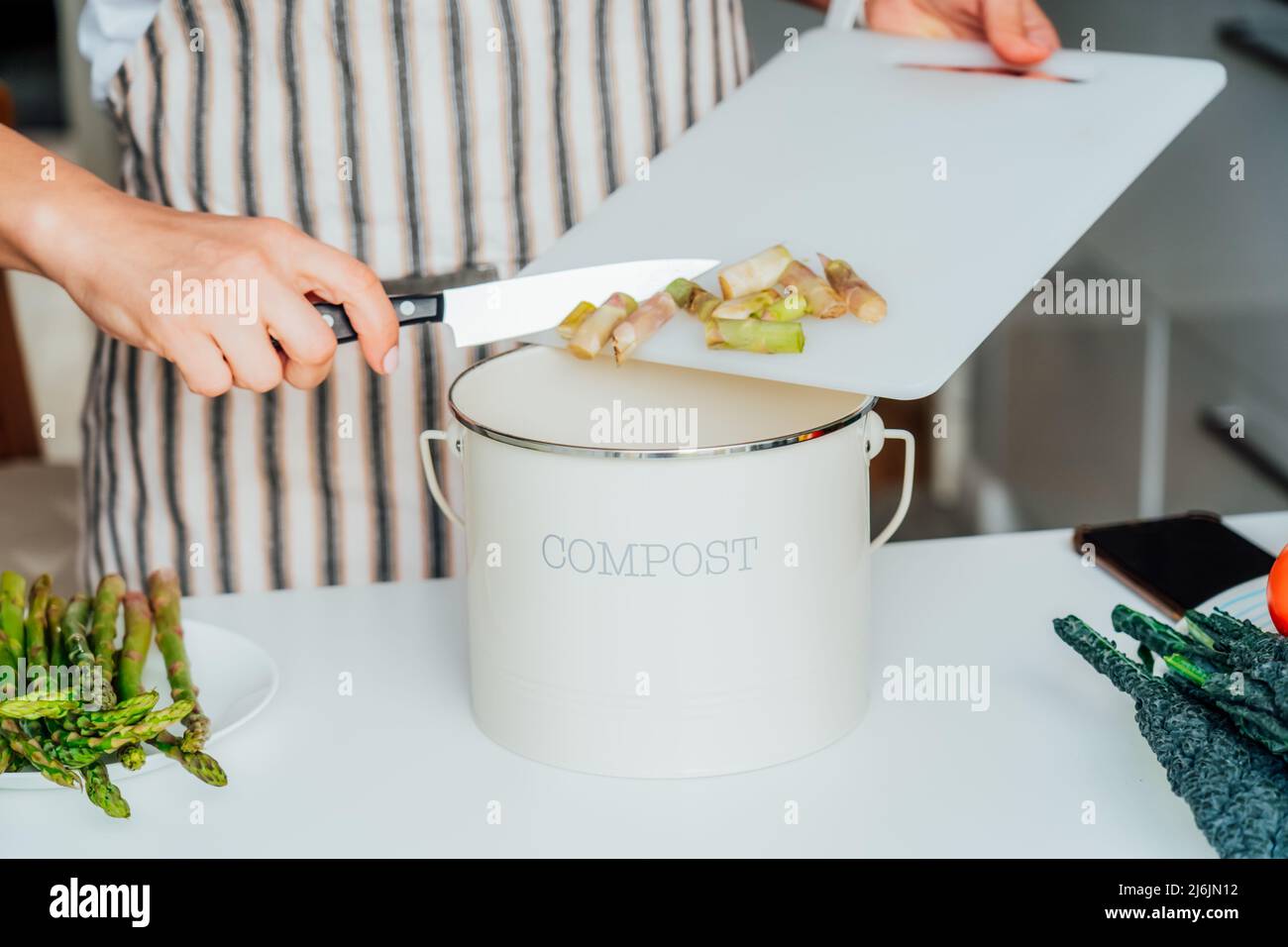 Throwing Compost Compost the kitchen waste, recycling. Household woman scraping ...