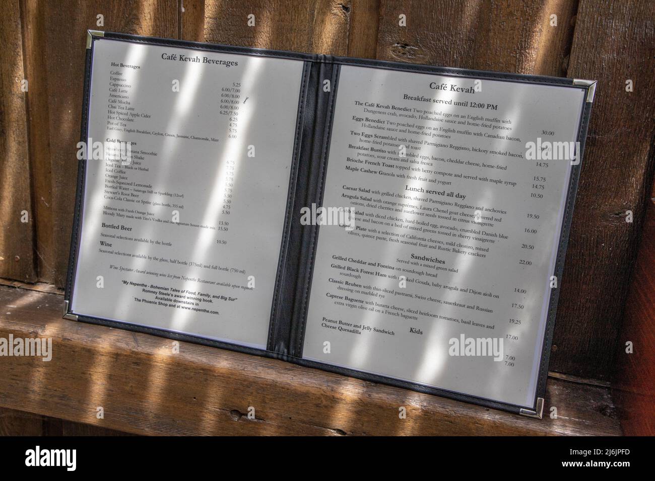 Menus for Cafe Kevah, in the Nepenthe building, a Big Sur landmark on Highway 1 in California. Stock Photo