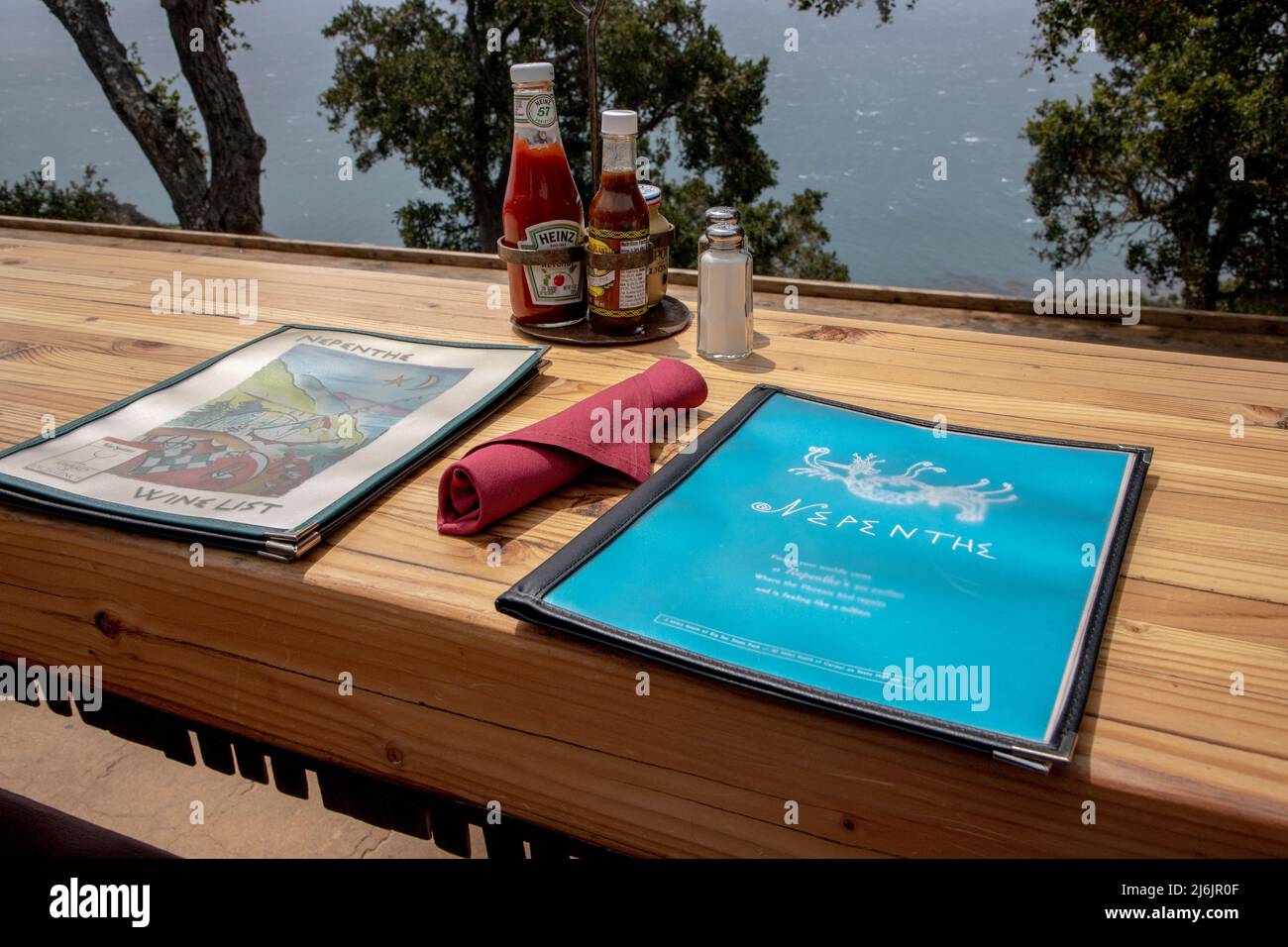 Menus for Nepenthe, a Big Sur landmark on Highway 1 in California. Stock Photo
