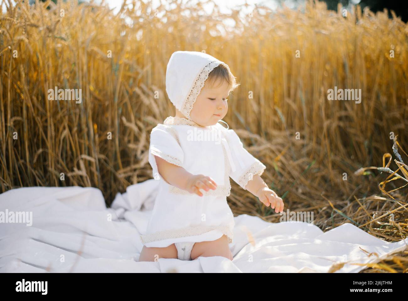 Sweet eightmonthold baby boy sitting on a blanket in a field Stock
