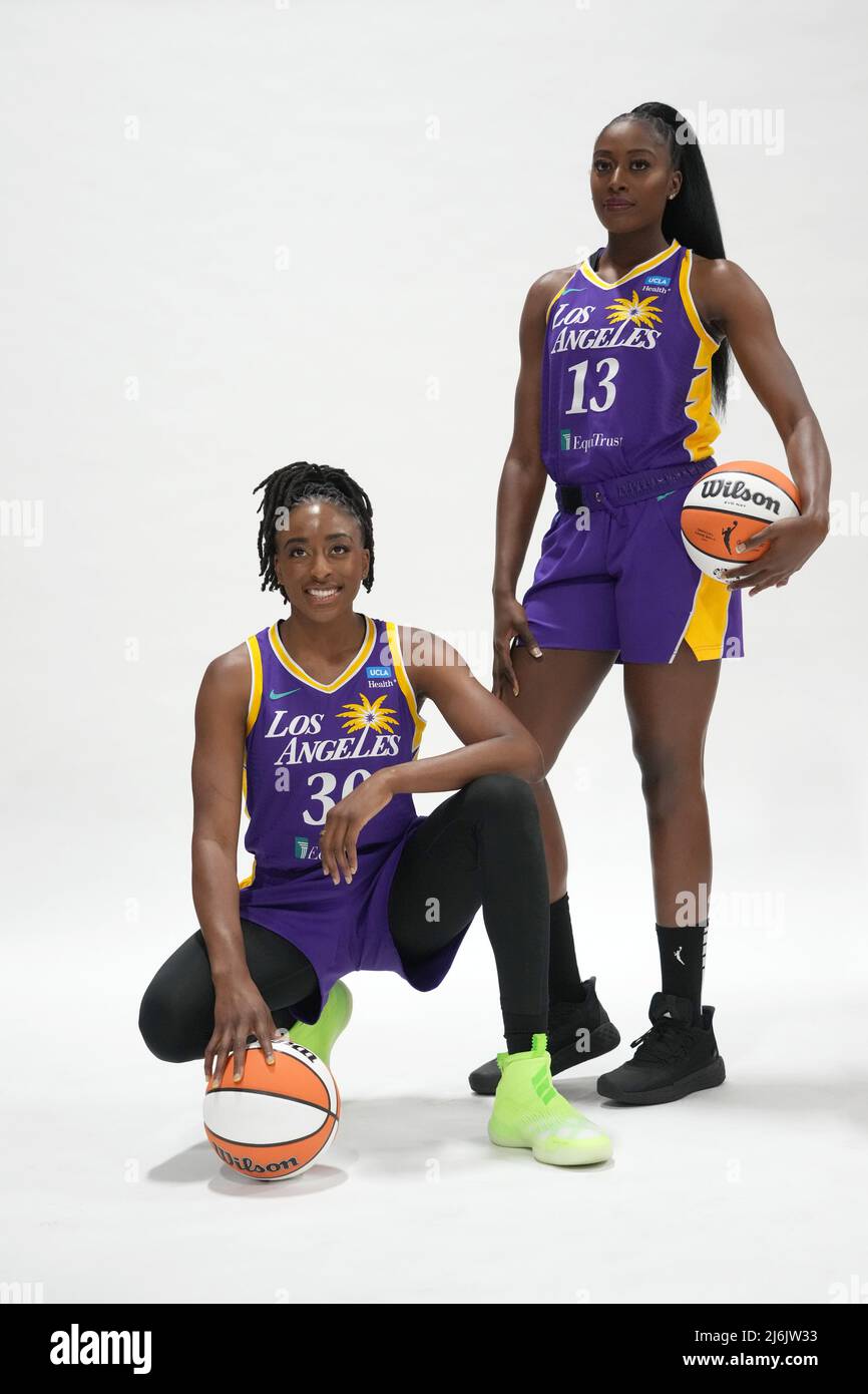 Los Angeles Sparks forward Nneka Ogwumike (30) and guard Chennedy Carter  (7) pose during media day, Wednesday, Apr. 27, 2022, in Torrance, Calif.  Photo via Newscom Stock Photo - Alamy