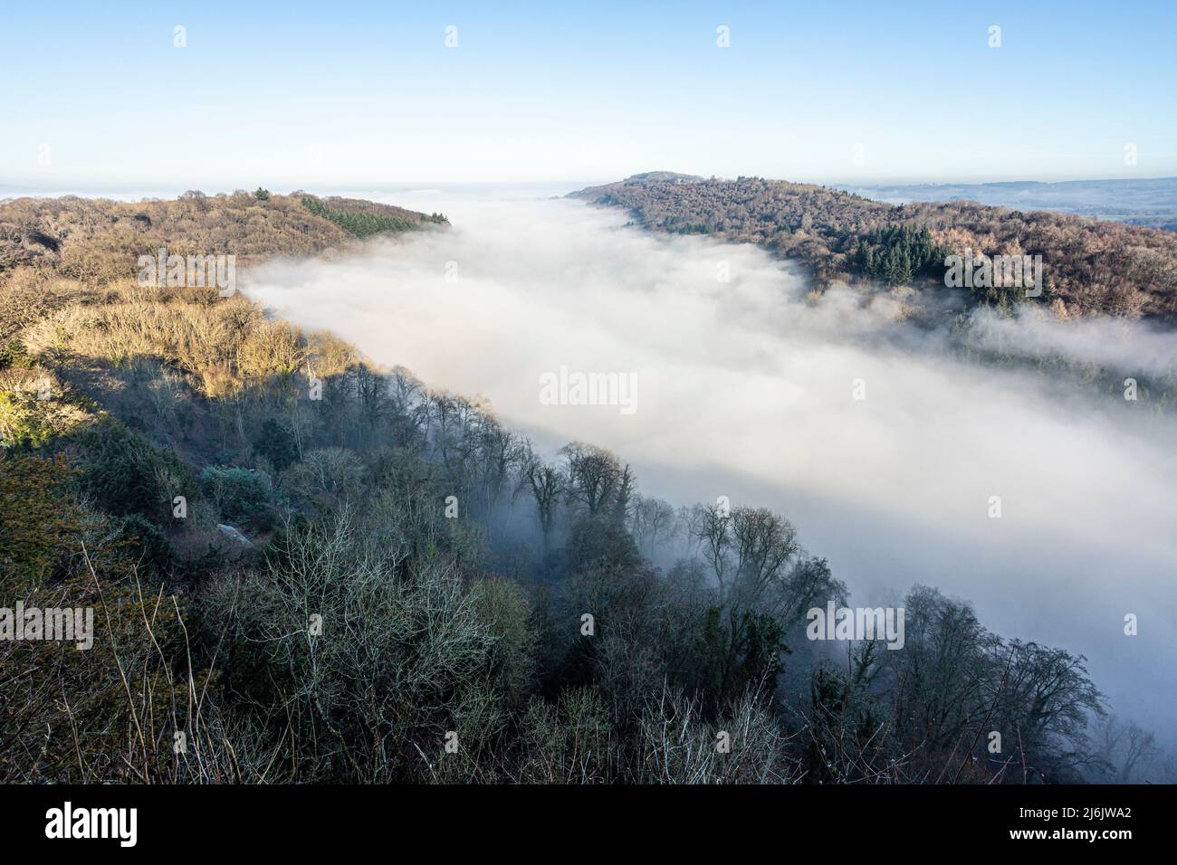 The River Wye totally obscured by mist due to a temperature inversion, seen from the viewpoint of Symonds Yat Rock, Herefordshire, England UK Stock Photo