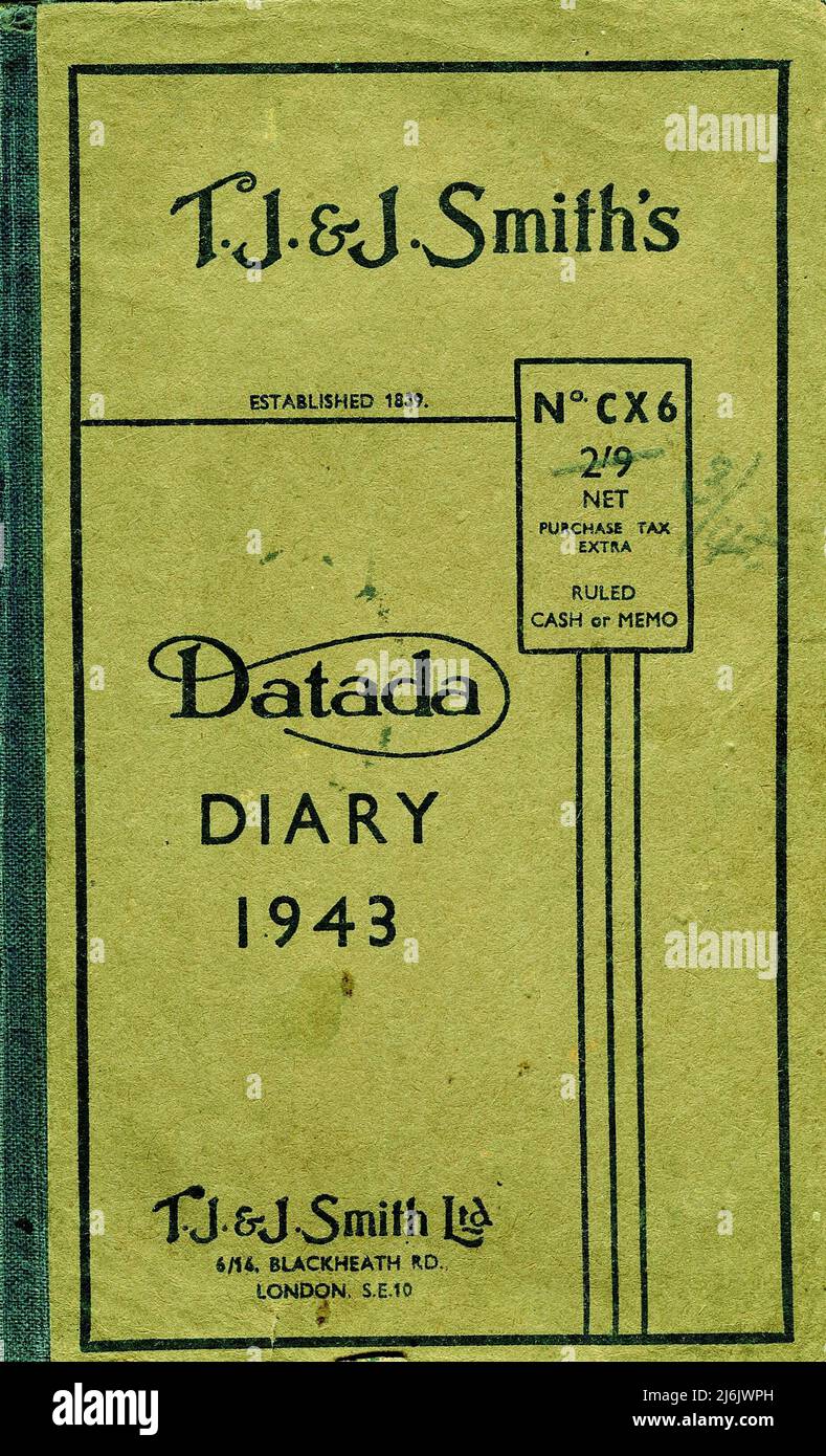 Cover of a Second World War diary from 1943. The diary was manufactured by TJ and J Smith Limited which was established in London, England in 1839. Stock Photo