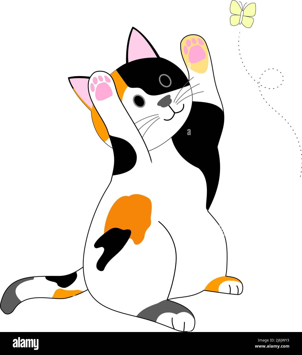 A playing calico cat and flying yellow butterfly with white background ...