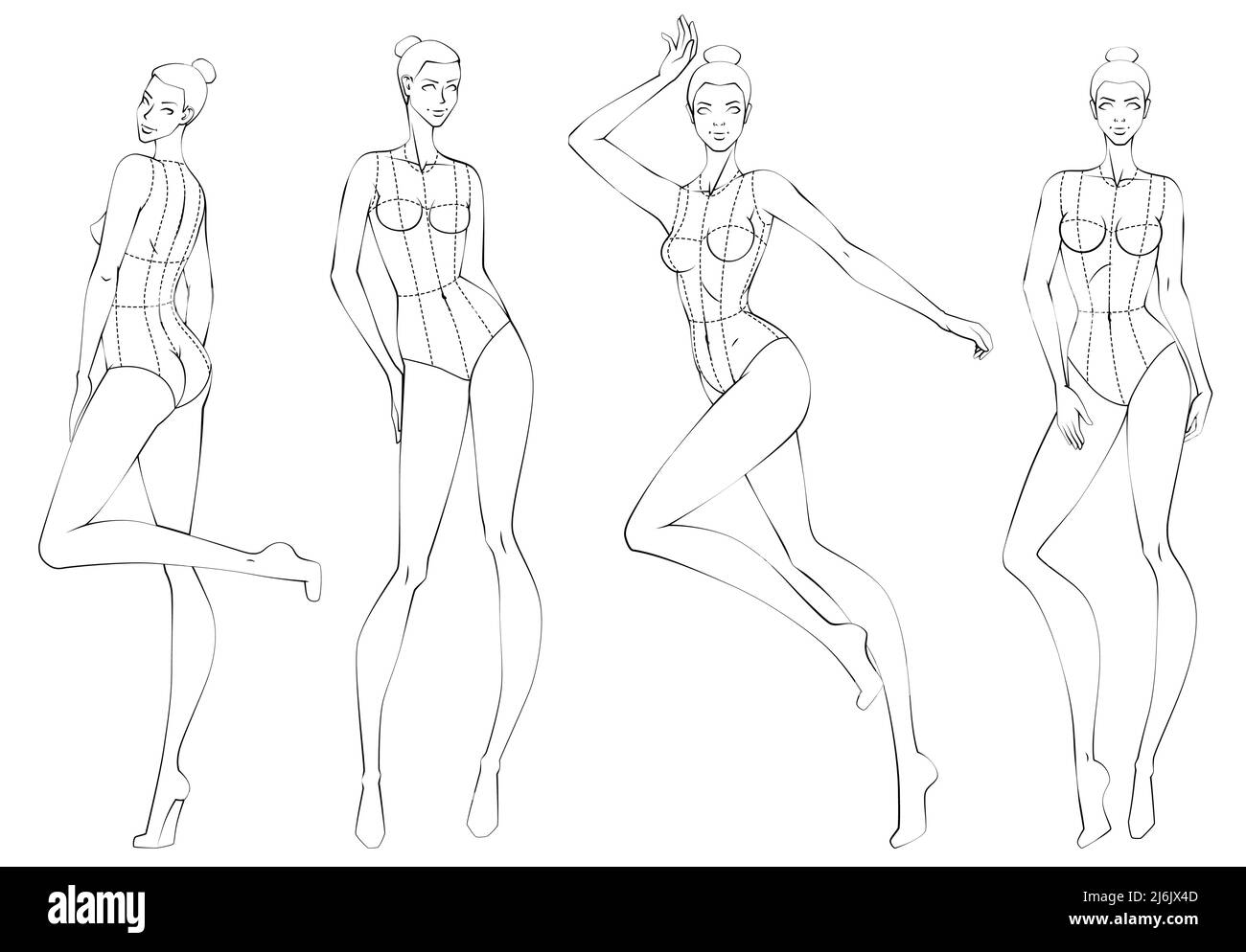 Female Ten Heads Figure Poses Template Croquis for Fashion Design. Vector Illustration Stock Vector