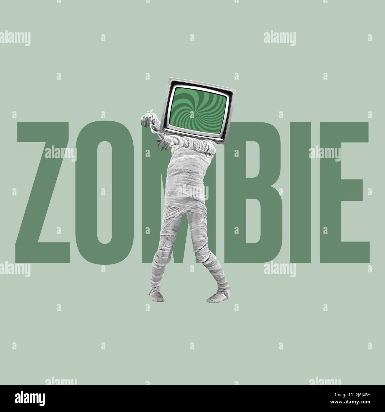 Contemporary art collage. Man in image of zombie with TV set head ...