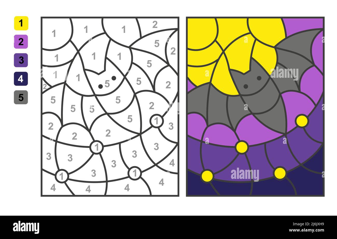 Vector coloring page Color by numbers halloween vampire bat. Puzzle
