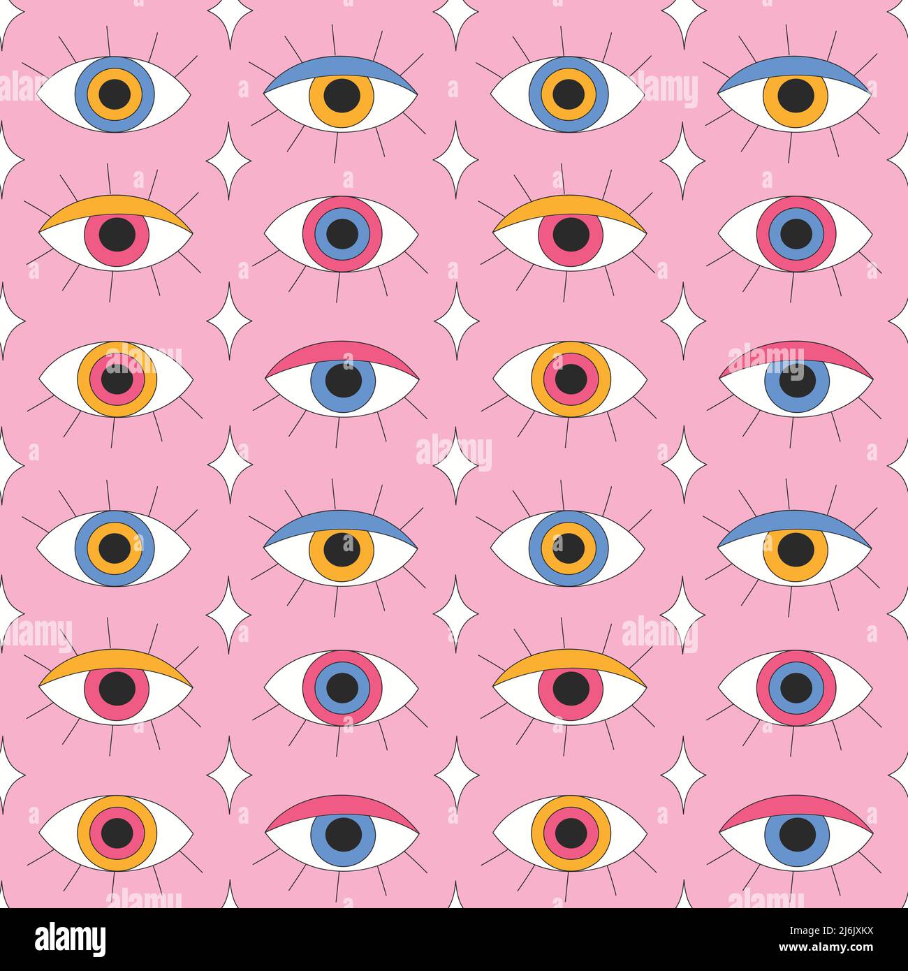 Retro eyes with eyelashes on pink background. Stock Vector