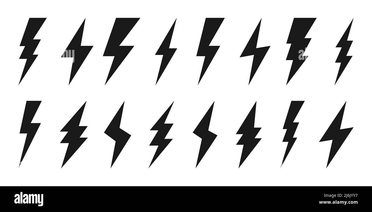 Lightning bolt icons collection. Flash symbol, thunderbolt. Simple lightning strike sign. Vector illustration. Stock Vector