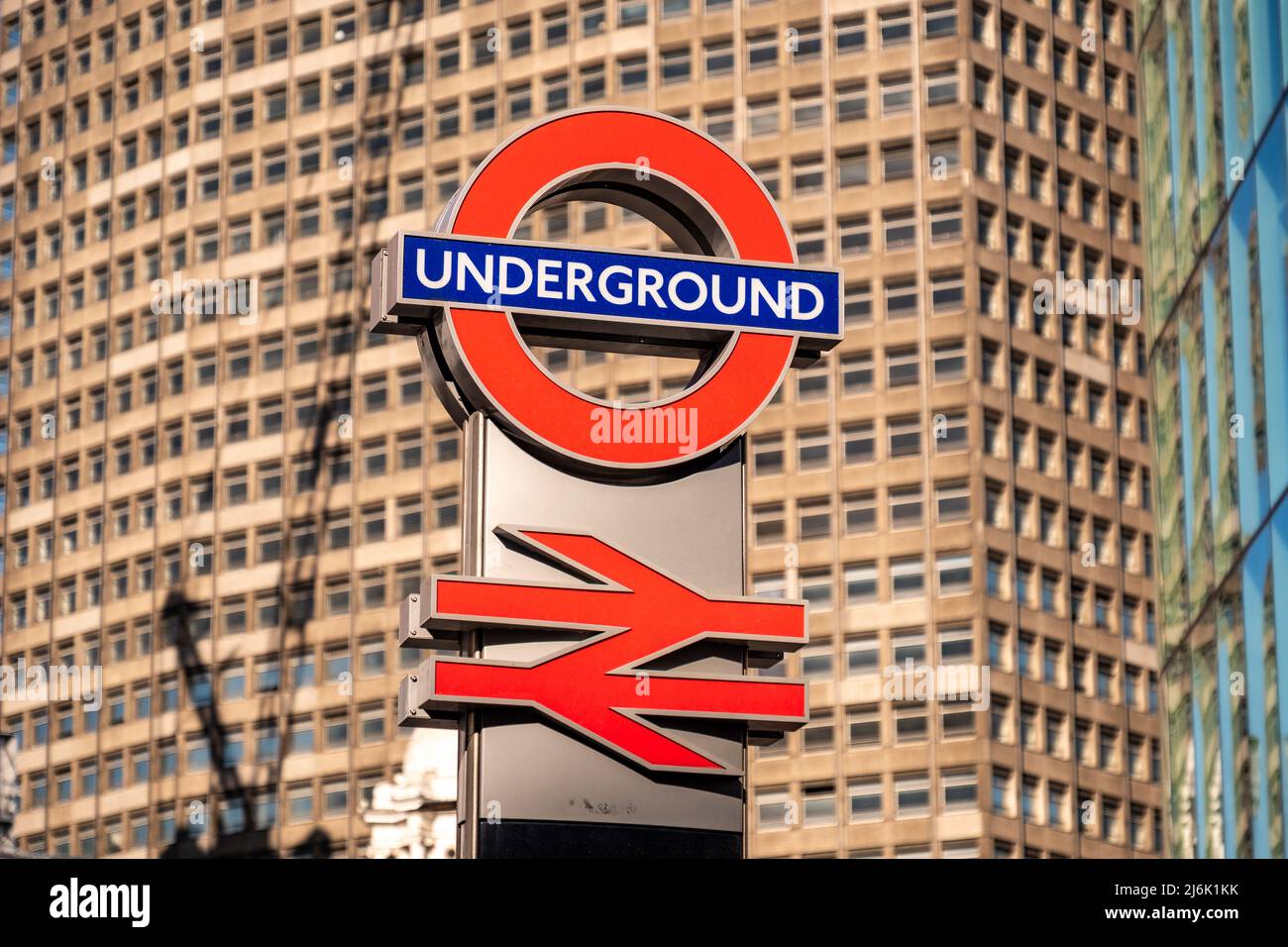 London- April 2022: Underground and National Rail logos outside Victoria Station in Westminster. Stock Photo