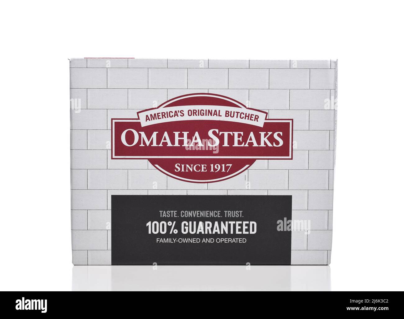 IRVINE, CALIFORNIA - 2 MAY 2022: A box of Omaha Steaks. Premium Quality Steaks, Burgers, Chicken, Seafood and more delivered to your door. Stock Photo