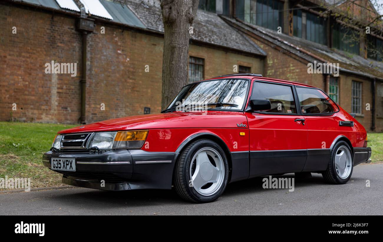 1990 Saab 900 Turbo (G35 XPX) on display at the April Scramble held at the Bicester Heritage Centre on the 23rd April 2022 Stock Photo