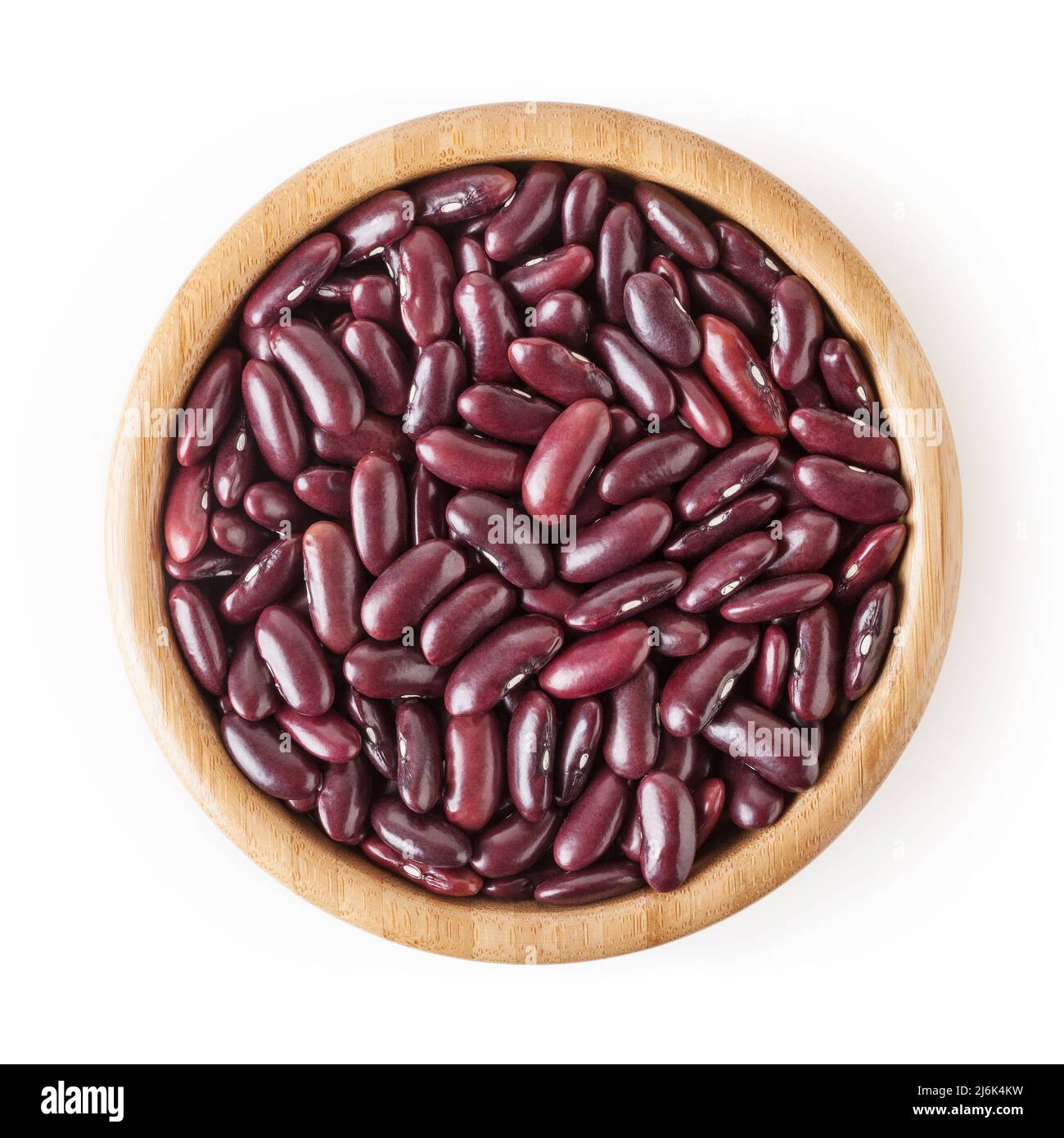 Uncooked red kidney beans in wooden bowl isolated on white background