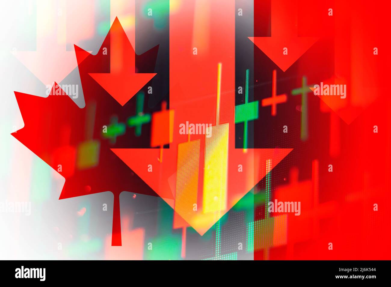 Dropping arrows showing decreasing trend in economy in global crisis or