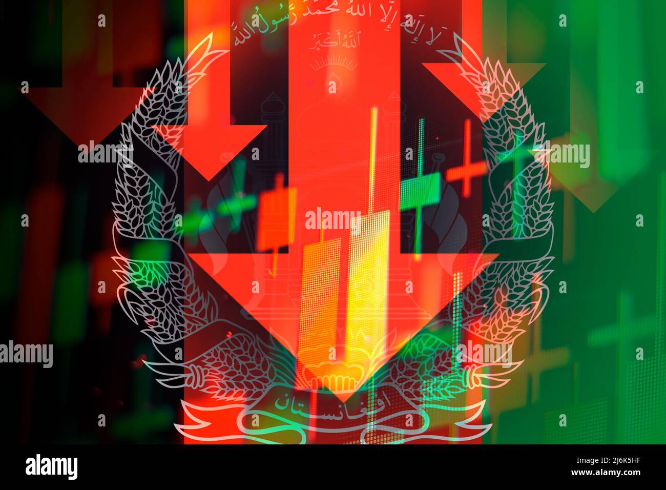 Dropping arrows showing decreasing trend in economy in global crisis or