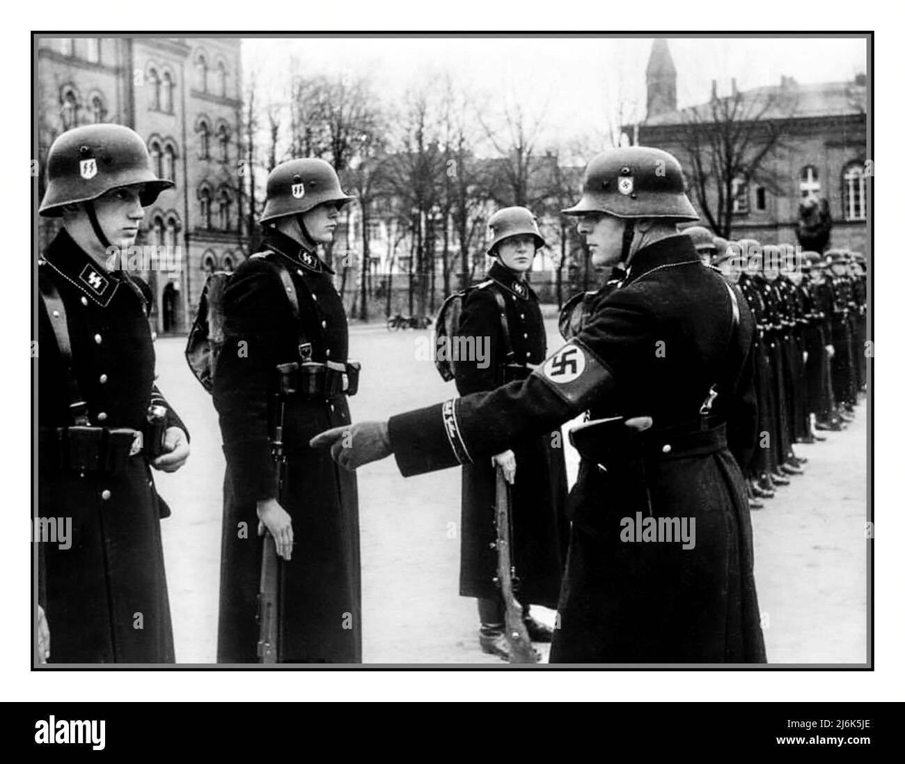 LEIBSTANDARTE SS ADOLF HITLER PARADE Vintage pre-WW2 black and white photo of men of Leibstandarte 'Adolf Hitler' WAFFEN SS troops at the Lichterfelde barracks in Berlin, Germany, November 22,1938. Stock Photo
