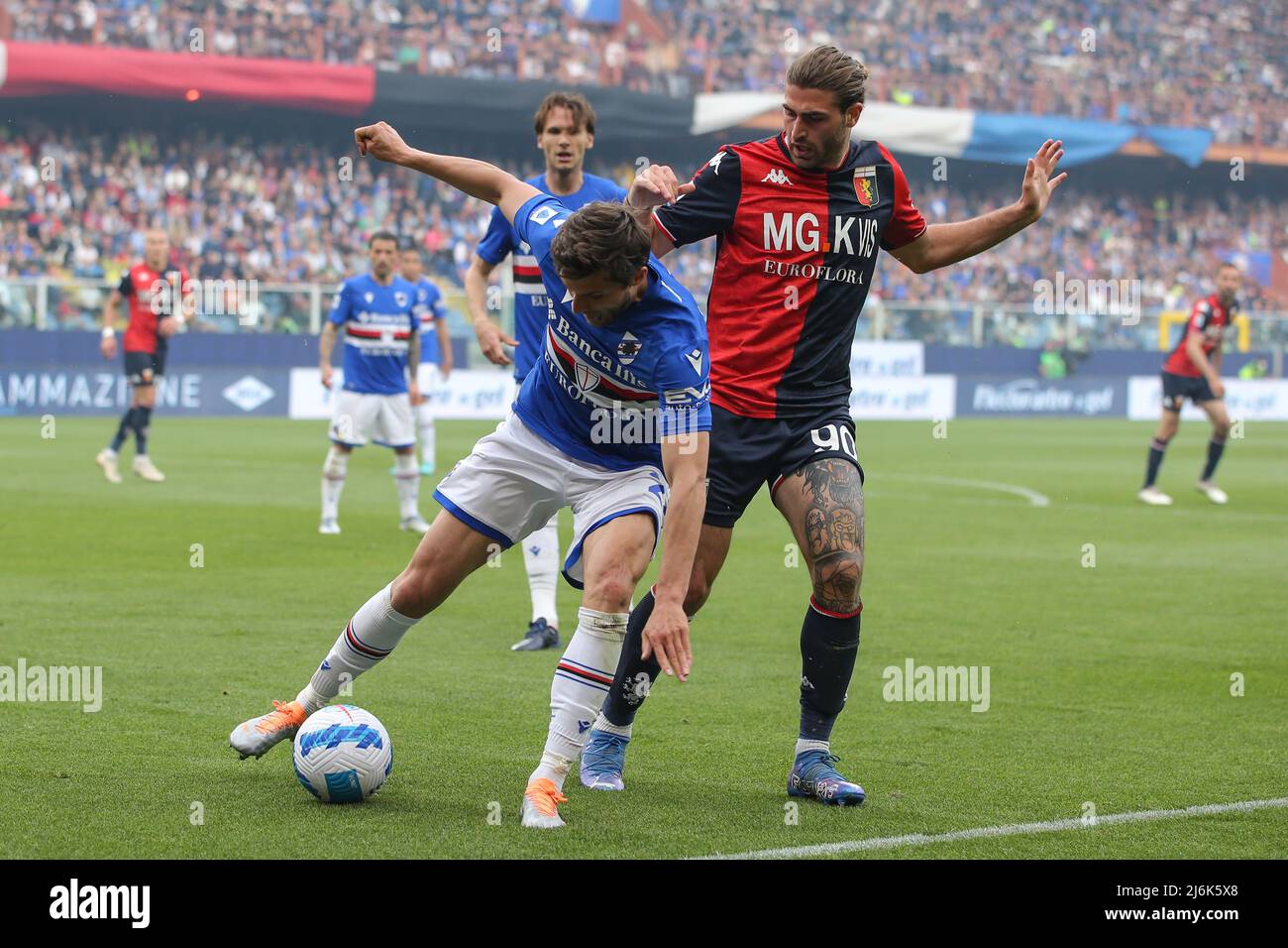 Genoa, Italy. 30 April 2022. Antonio Candreva of UC Sampdoria competes for  the ball with Pablo Galdames of Genoa CFC during the Serie A football match  between UC Sampdoria and Genoa CFC.