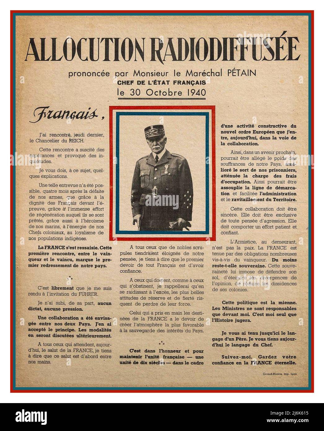 ALLOCUTION RADIODIFFUSEE WW2 France Marshall Petain Radio Broadcast to France 'affiche allocution radiodiffusee' Poster Propaganda broadcast subsequent printed transcript of speech 30 th October 1940 Stock Photo