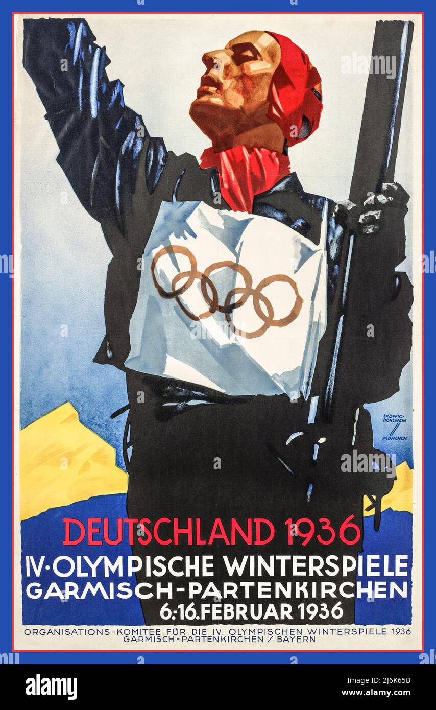 1936 NAZI GERMANY WINTER OLYMPICS Poster by Ludwig Hohlwein for the 1936 Winter Olympics (German: Olympische Winterspiele 1936), a winter multi-sport event held from 6 to 16 February 1936 in the market town of Garmisch-Partenkirchen in Bavaria, Nazi Germany.  (DEUTSCHLAND 1936 / IV.OLYMPISCHE WINTERSPIELE GARMISCH-PARTENKIRCHEN 6.-16. FEBRUAR 1936“ (Originaltitel). Plakat von Ludwig Hohlwein, München; Organisations-Komitee für die IV. Olympischen Winterspiele 1936 Reichsbahnzentrale für den Deutschen Reichsverkehr, Berlin;) Stock Photo