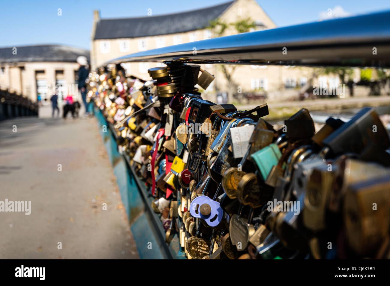 Love locks on a bridge over the River Wye at Bakewell, Derbyshire, UK Stock Photo