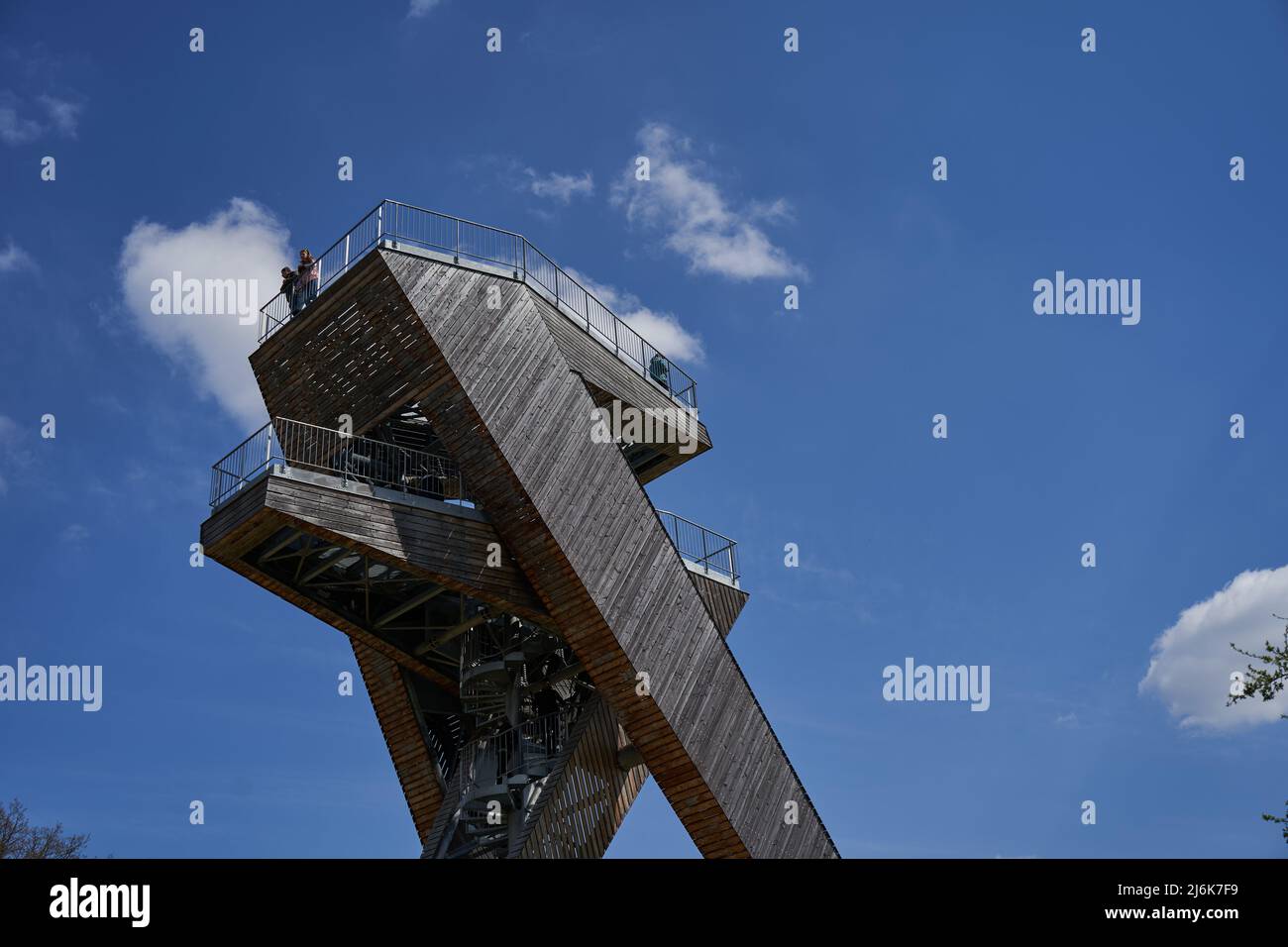 Salas, Czech Republic - April 17, 2022 - A completely unconventional tourist lookout tower above the village of Salas in the foothills of the Chriby M Stock Photo