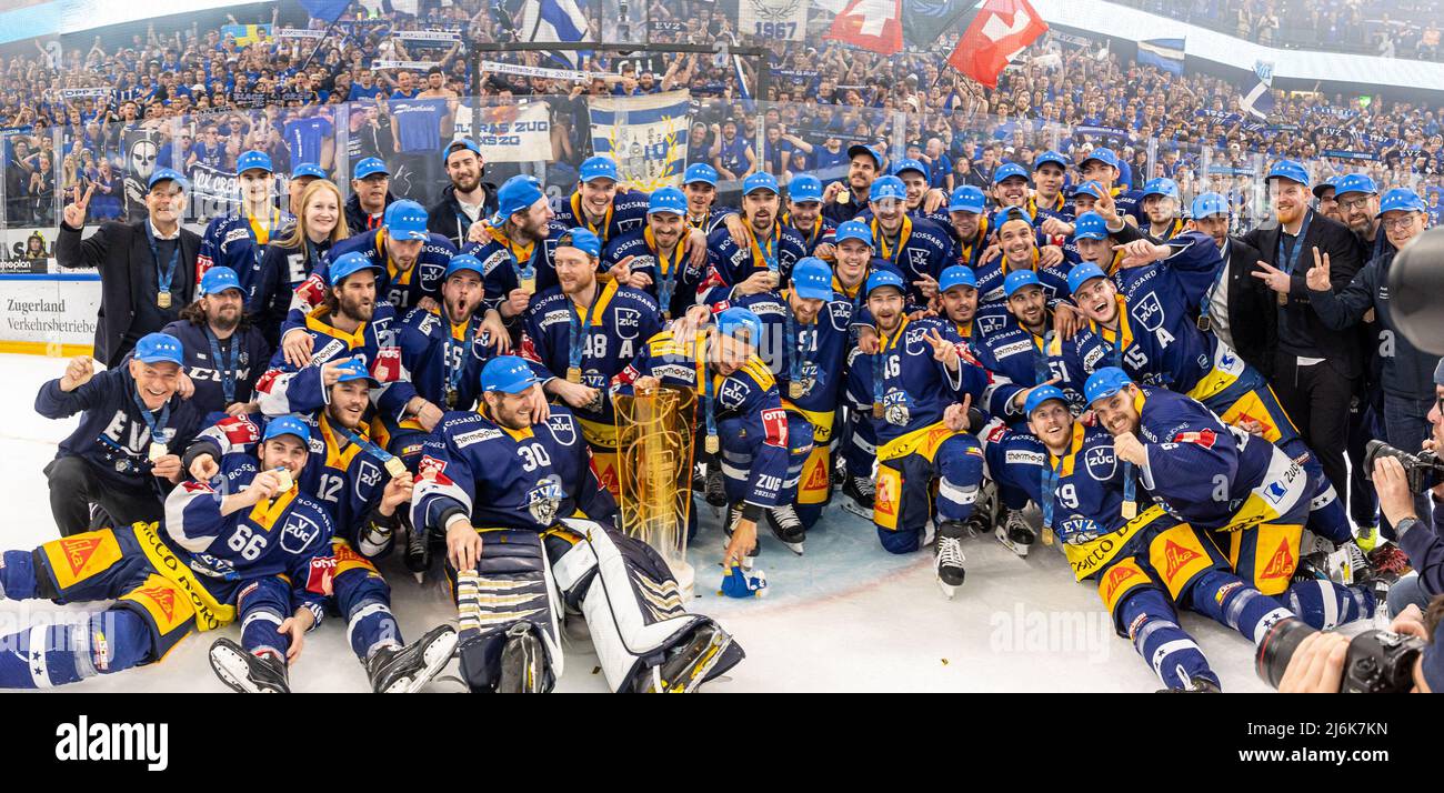 Zsc Ice Rink Team photo with the trophy during the National League Playoff Final ice ...