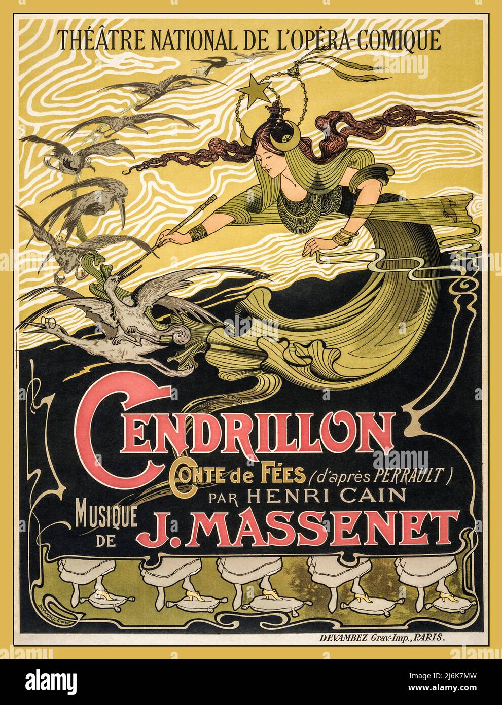 Vintage Paris Theatre Poster Émile Bertrand's poster for Jules Massenet's Cendrillon, advertising the première performance at the Théâtre National de l'Opéra-Comique, Paris. Date 1899 (poster) : lithograph, color. Stock Photo