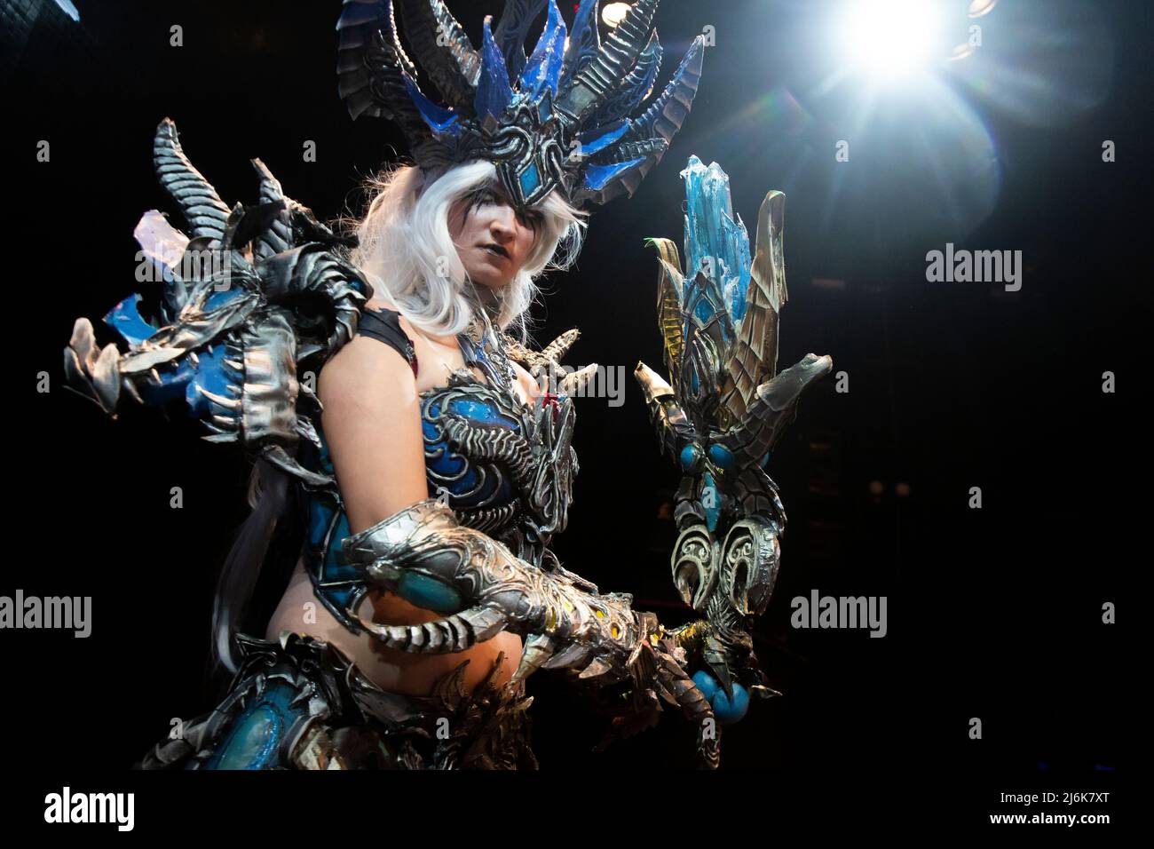 Moscow, Russia. 2nd May, 2022. A girl dresses in Sindragosa character costume of World of Warcraft  online role-playing game takes part of the Festival of Fiction, Cinema and Science 'Starcon-2022' in Moscow, Russia. Sindragosa is formerly the wife and prime-consort of Malygos and Queen of the Blue Dragonflight Stock Photo