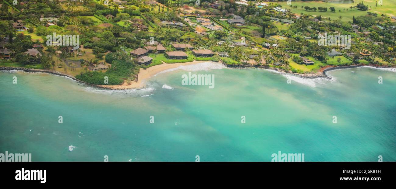 Broad panorama of beach in Hawaii, aerial view over the ocean on west coast of Maui, Hawaii. Stock Photo