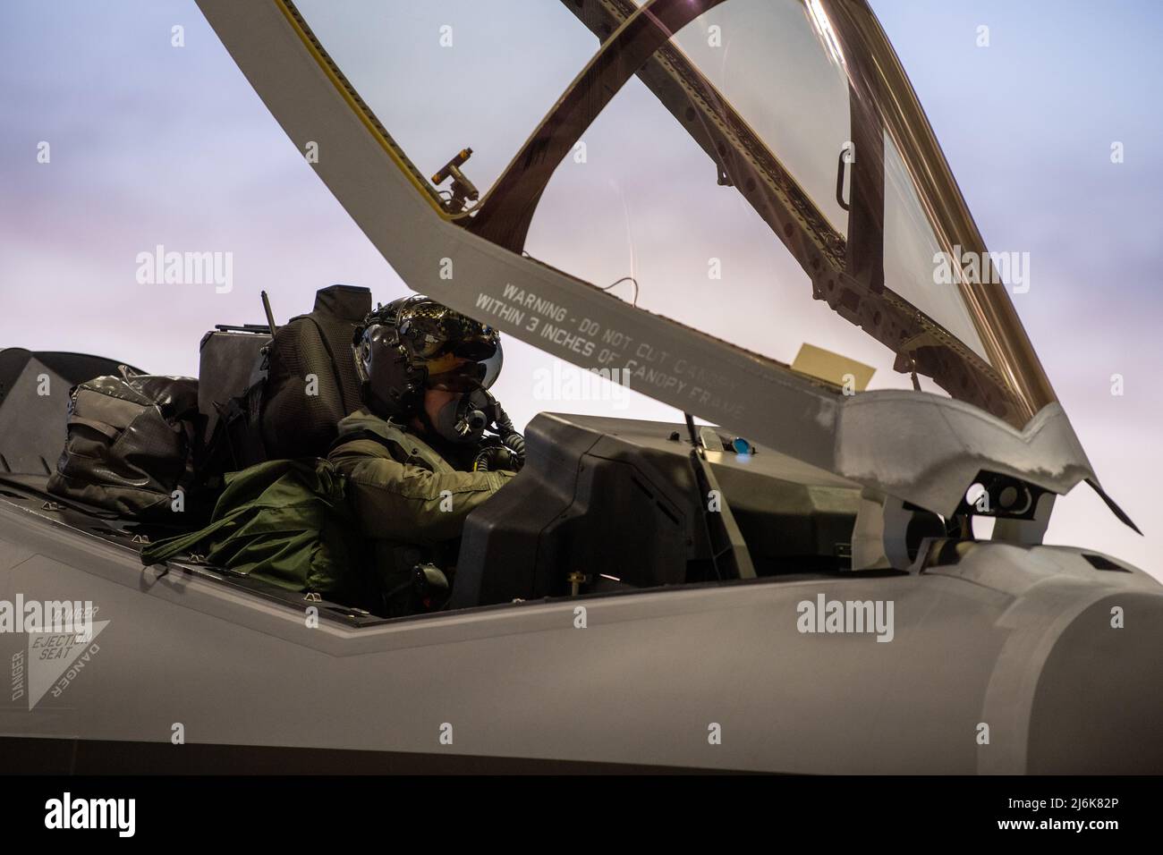 Vermont Air National Guard Base, USA. 2nd May, 2022. Credit: TSgt. Richard Mekkri/US Air Force/Alamy Live NewsBurlington, United States. 02 May, 2022. A U.S. Air Force pilot assigned to the 134th Fighter Squadron, 158th Fighter Wing, prepares for take off in a F-35A Lightning II fighter aircraft at the Vermont Air National Guard Base, May 2, 2022 in South Burlington, Vermont. The aircraft is rebasing to Spangdahlem Air Base, Germany, to join the NATO Enhanced Air Policing mission. Credit: Planetpix/Alamy Live News Stock Photo