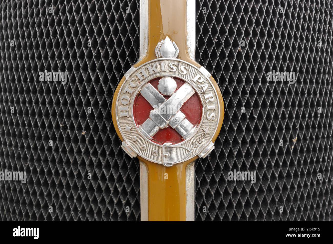 Pleyber Christ, France - May 02 2022: Emblem of a Hotchkiss Artois, a luxury car produced between 1948 and 1950 by the French automobile manufacturer Stock Photo
