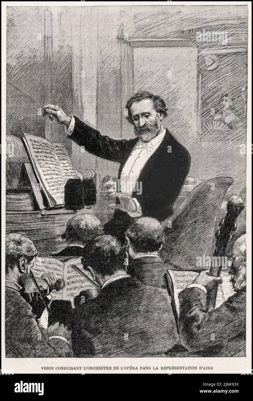 Giuseppe Verdi vintage poster etching lithograph conducting the Paris Opera premiere of his  magnificent Aida (sung in French) at the Palais Garnier on 22 March 1880. Paris France Stock Photo