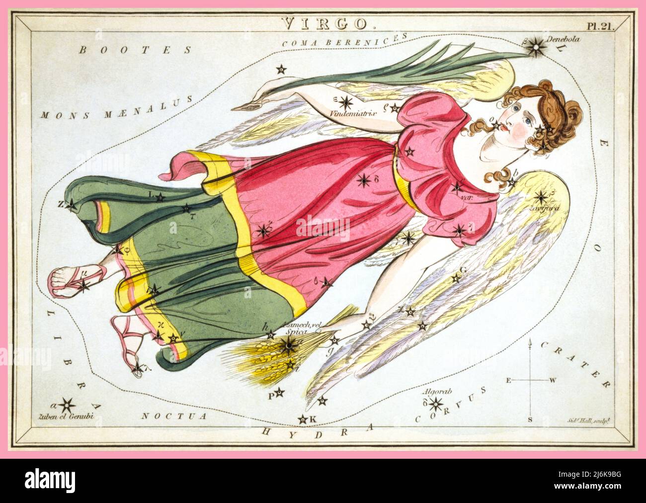 'Virgo' Star Sign Vintage 1800s Lithograph, plate 21 in Urania's Mirror, a set of celestial cards accompanied by a familiar treatise on astronomy ... by Jehoshaphat Aspin. London. Astronomical chart, 1 print on layered paper board : etching, hand-colored. Date 1825 Stock Photo