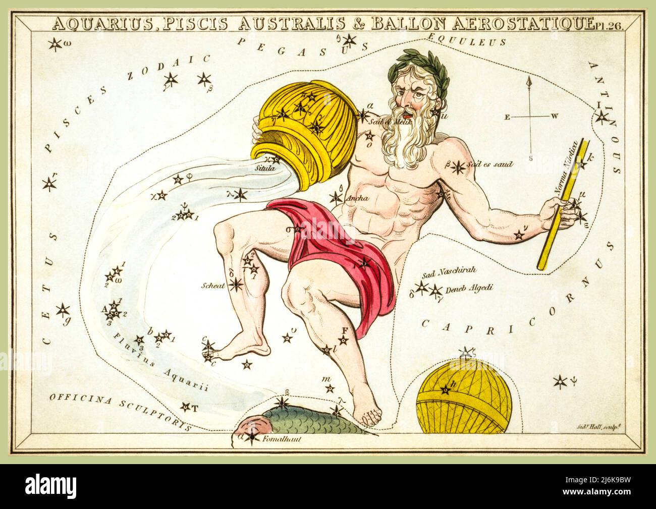 Aquarius, Star Sign 1800s Lithograph Piscis Australis & en:Ballon Aerostatique', plate 26 in Urania's Mirror, a set of celestial cards accompanied by familiar treatise on astronomy ... by Jehoshaphat Aspin. London. Astronomical chart, 1 print on layered paper board : etching, hand-colored.  Sidney Hall - Urania's Mirror - Aquarius, Piscis Australis & Ballon Aerostatique Date 1825 Stock Photo