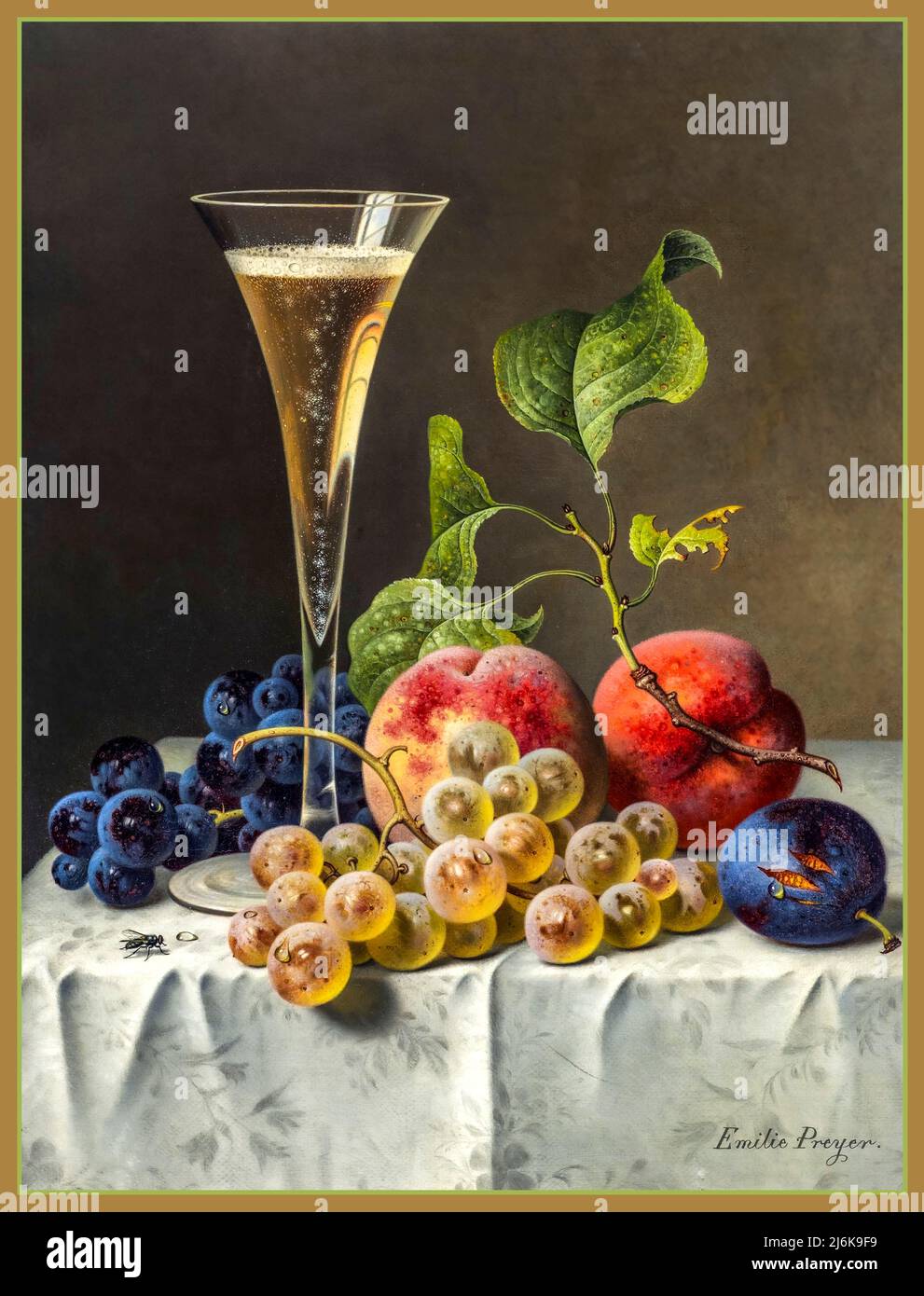 CHAMPAGNE FLUTE & FRUIT Still life by Emile Preyer with champagne glass and fruit grapes plums & peaches oil painting and house fly on tablecloth, oil on canvas by Artist Emile Preyer 1849-1930 Stock Photo