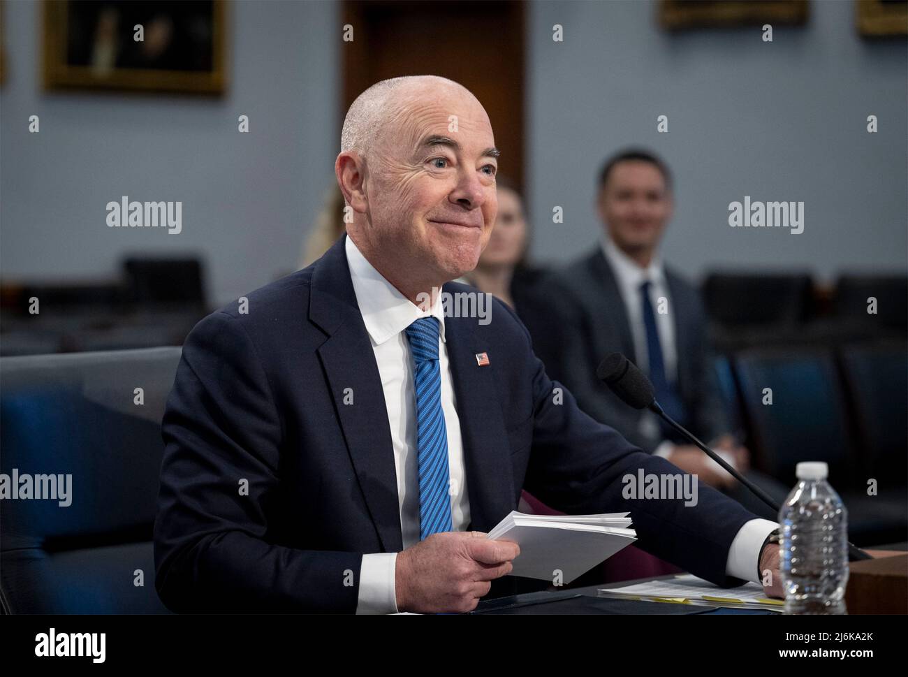 Washington, United States of America. 27 April, 2022. U.S Homeland Security Secretary Alejandro Mayorkas settles in before testifying at the House Committee on Appropriations, on Capitol Hill April 28, 2022 in Washington, D.C.  Credit: Benjamin Applebaum/DHS Photo/Alamy Live News Stock Photo