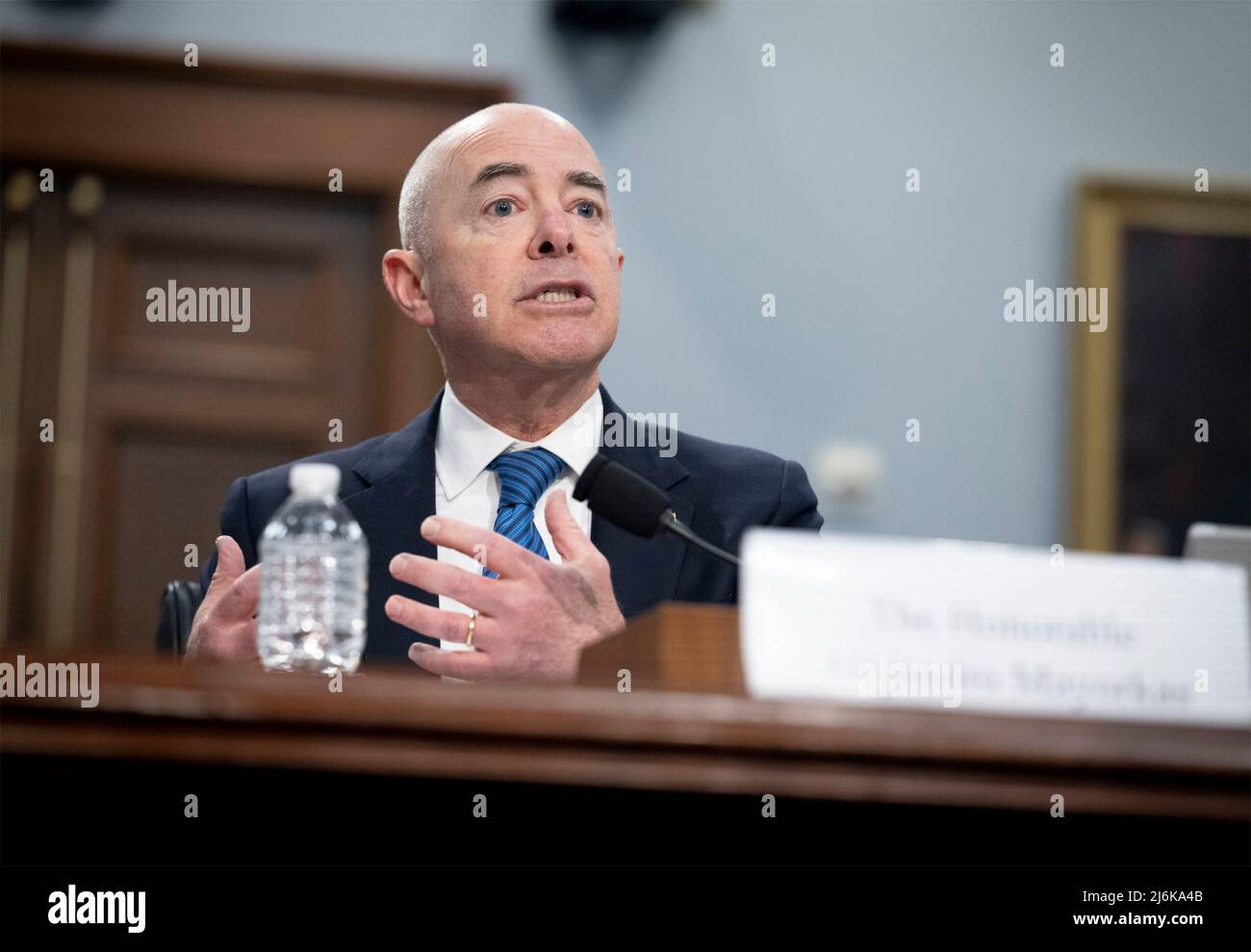 Washington, United States of America. 27 April, 2022. U.S Homeland Security Secretary Alejandro Mayorkas responds to a question during testimony at the House Committee on Appropriations, on Capitol Hill April 28, 2022 in Washington, D.C.  Credit: Benjamin Applebaum/DHS Photo/Alamy Live News Stock Photo