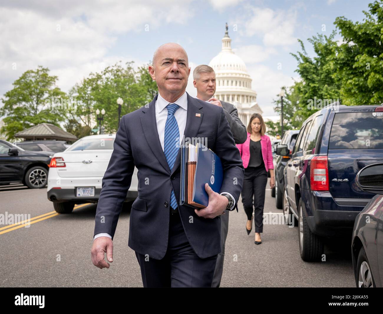 Washington, United States of America. 27 April, 2022. U.S Homeland Security Secretary Alejandro Mayorkas walks to the House Committee on Appropriations in the Rayburn Building, on Capitol Hill April 28, 2022 in Washington, D.C.  Credit: Benjamin Applebaum/DHS Photo/Alamy Live News Stock Photo