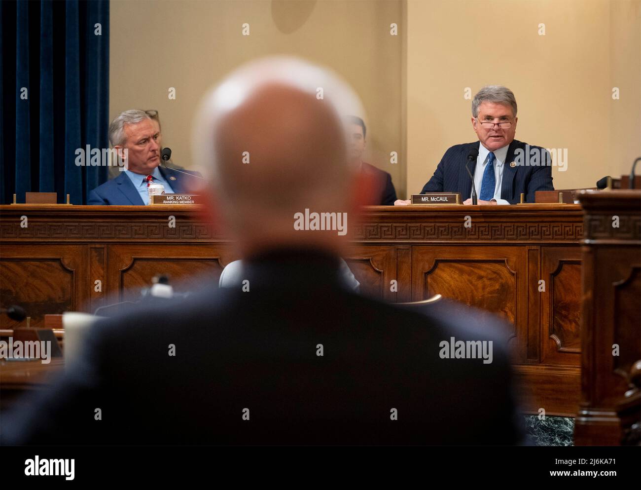 Washington, United States of America. 27 April, 2022. U.S Rep. Michael McCaul of Texas, right, questions Homeland Security Secretary Alejandro Mayorkas during testimony at the House Committee on Appropriations, on Capitol Hill April 28, 2022 in Washington, D.C.  Credit: Benjamin Applebaum/DHS Photo/Alamy Live News Stock Photo