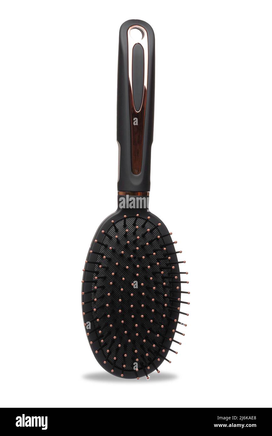 Hairbrush isolated on white background. Black and gold hair brush cut